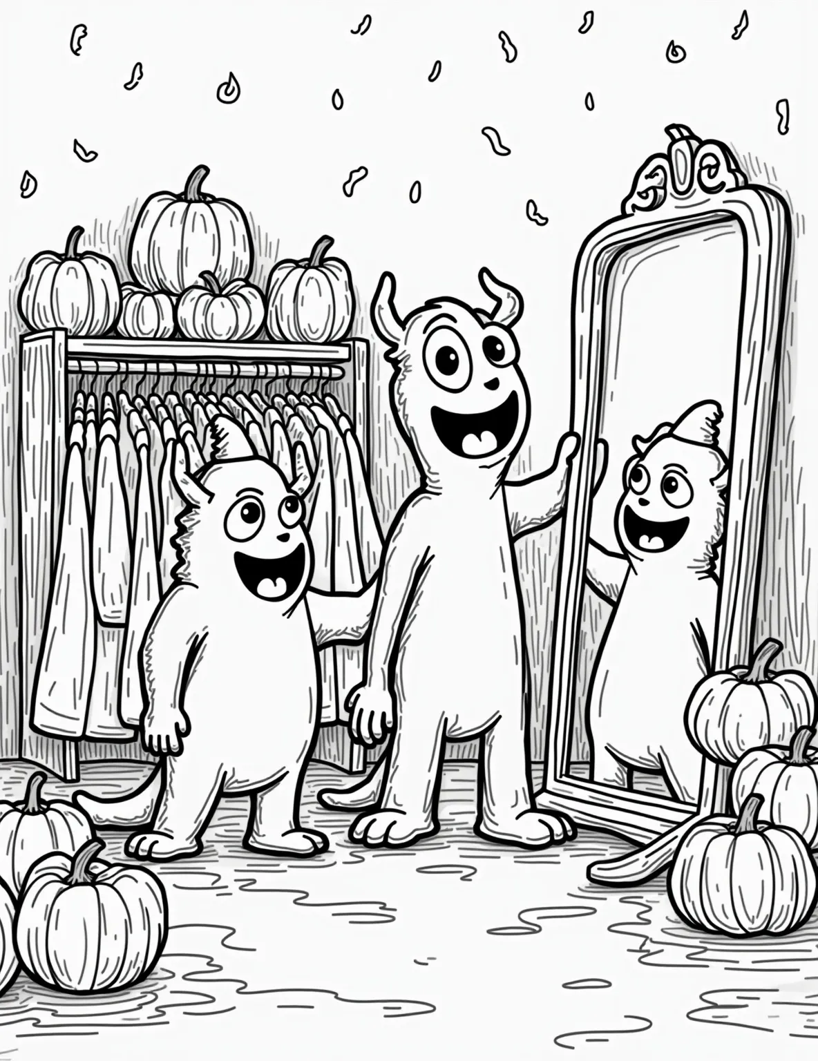 Friendly Monster's Halloween Costume Party -- prompt: "black lines only Adorable cartoon monsters giggle as they try on human Halloween costumes. Outlined in bold black strokes, their silly antics unfold in a cheerfully decorated room. Costume racks overflow with options, while a large mirror reflects their comical transformations. Perfect for coloring fun! flat black lines, premium coloring page, coloring sheet, line drawing, Coloring Book, NO COLOR, NO SHADING, WHITE BACKGROUND. NO GRAY, BLACK AND WHITE, NO COLOR" -- Celebrate Halloween with a twist in this heartwarming coloring page. Watch as adorable monsters try on various Halloween costumes, creating a fun and ironic scene. This page is perfect for younger children who prefer their Halloween festivities more giggle-worthy than scary.