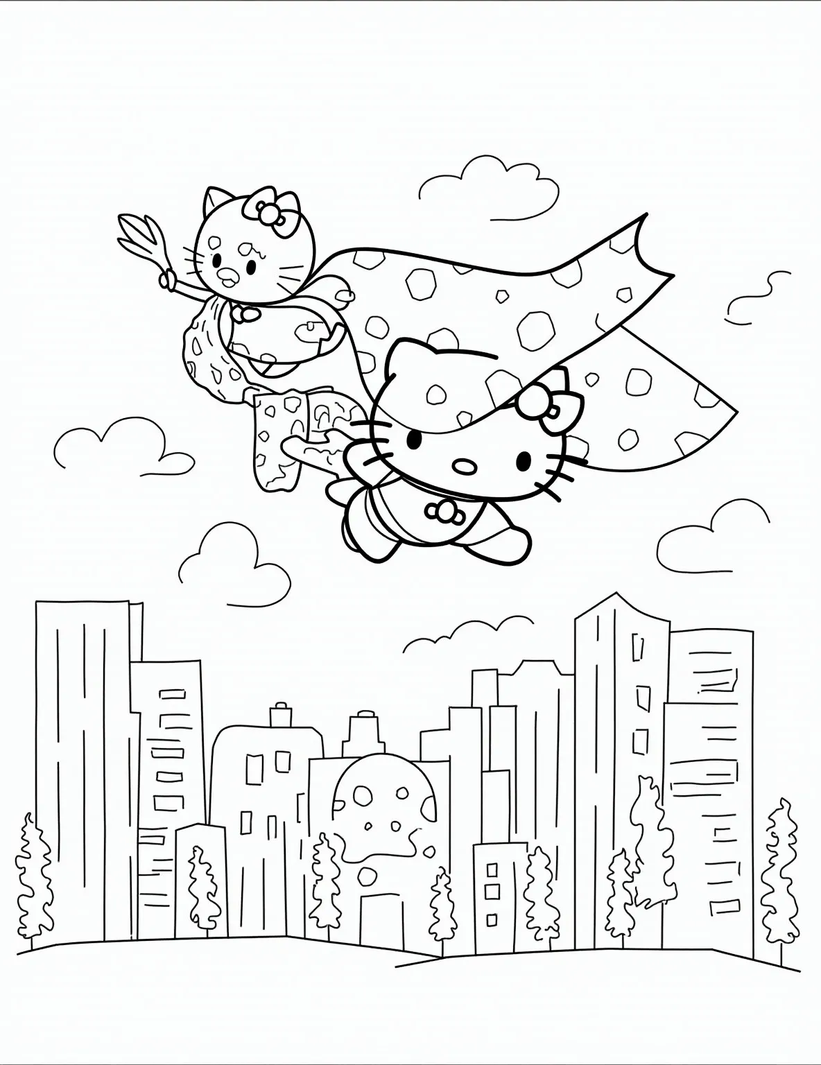 Hello Kitty's Superhero Adventure -- prompt: "black lines only Hello Kitty, caped crusader with whisker-shaped mask, soars through towering skyscrapers. Her polka-dot cape billows as she rescues a tabby from a leafy tree. Bold outlines define each element, inviting colorful imagination. Cityscape backdrop features playful geometric shapes flat black lines, premium coloring page, coloring sheet, line drawing, Coloring Book, NO COLOR, NO SHADING, WHITE BACKGROUND. NO GRAY, BLACK AND WHITE, NO COLOR" -- Hello Kitty becomes a superhero in this action-packed coloring page! She's wearing a cape and mask, flying through a city skyline. The scene includes tall buildings, fluffy clouds, and even a cat stuck in a tree that needs rescuing. It's an empowering and exciting page for young superheroes-in-training!