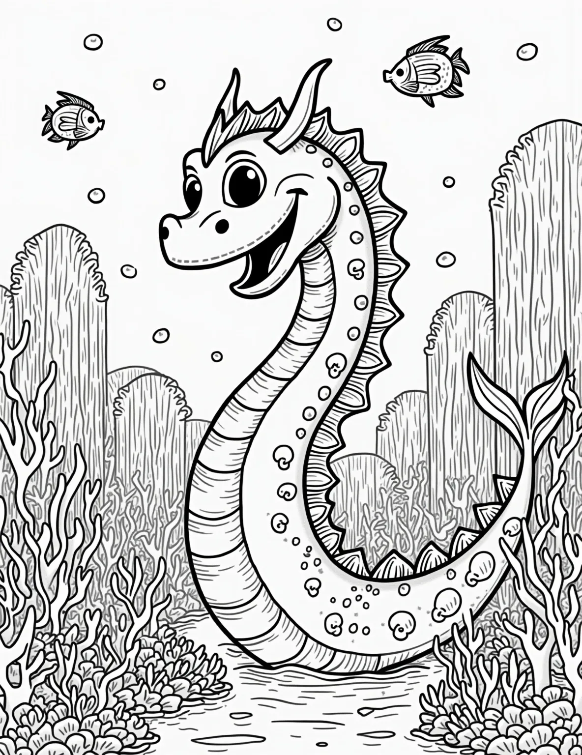 Dragon's Underwater Kingdom -- prompt: "black lines only Playful aquatic dragon with swirling scales and friendly eyes rules a bustling underwater metropolis. Mer-people with colorful tails swim through streets lined with coral skyscrapers and shell houses. Fish dart between seaweed gardens and pearl-adorned arches. Bold outlines perfect for coloring. flat black lines, premium coloring page, coloring sheet, line drawing, Coloring Book, NO COLOR, NO SHADING, WHITE BACKGROUND. NO GRAY, BLACK AND WHITE, NO COLOR" -- Dive into a fantastical underwater world with this elaborate coloring page featuring an aquatic dragon ruling over its submerged kingdom. The scene is teeming with merfolk, colorful fish, and ornate buildings crafted from coral and shells. This intricate design offers a perfect balance of detail and open spaces, suitable for adult colorists looking for a challenge.