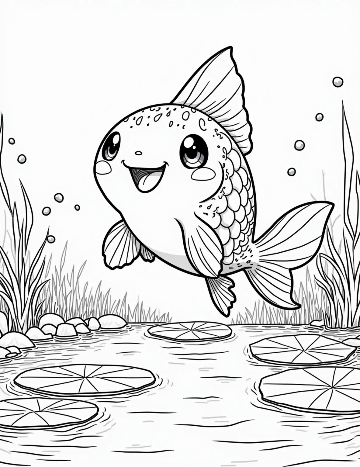 Magikarp's Big Splash Coloring Page -- prompt: "black lines only Cheerful Magikarp bursts from rippling pond, scales glistening. Water droplets form playful patterns. Lily pads and reeds frame the scene. Bold outlines define each element. Empty spaces invite creativity. Perfect for all ages to color and bring to life. flat black lines, premium coloring page, coloring sheet, line drawing, Coloring Book, NO COLOR, NO SHADING, WHITE BACKGROUND. NO GRAY, BLACK AND WHITE, NO COLOR" -- Make a splash with this amusing Magikarp coloring page! The often-underestimated fish Pokemon is shown mid-leap out of a pond, creating a big splash. This page is a fun choice for those who appreciate Pokemon's quirkier characters and enjoy adding vibrant colors to water scenes.