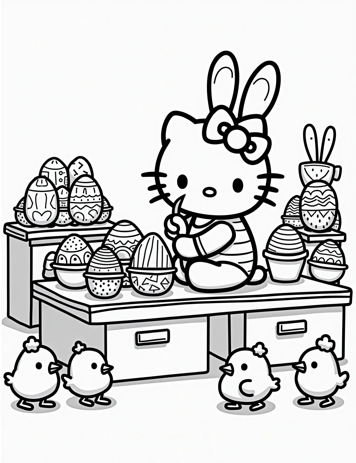 Hello Kitty's Easter Egg Factory -- prompt: "black lines only Hello Kitty oversees Easter egg factory, bustling conveyor belt. Thick outlines, simple shapes. Eggs with polka dots, stripes, zigzags. Kitty wears bunny ears, holds paintbrush. Smiling workers, Easter baskets, fluffy chicks. Cheerful scene ready for coloring fun. Playful atmosphere flat black lines, premium coloring page, coloring sheet, line drawing, Coloring Book, NO COLOR, NO SHADING, WHITE BACKGROUND. NO GRAY, BLACK AND WHITE, NO COLOR" -- This imaginative coloring page depicts Hello Kitty running her very own Easter egg factory. She's overseeing a conveyor belt of eggs being painted and decorated. Her friends are helping out, each with a different task in the egg-making process.