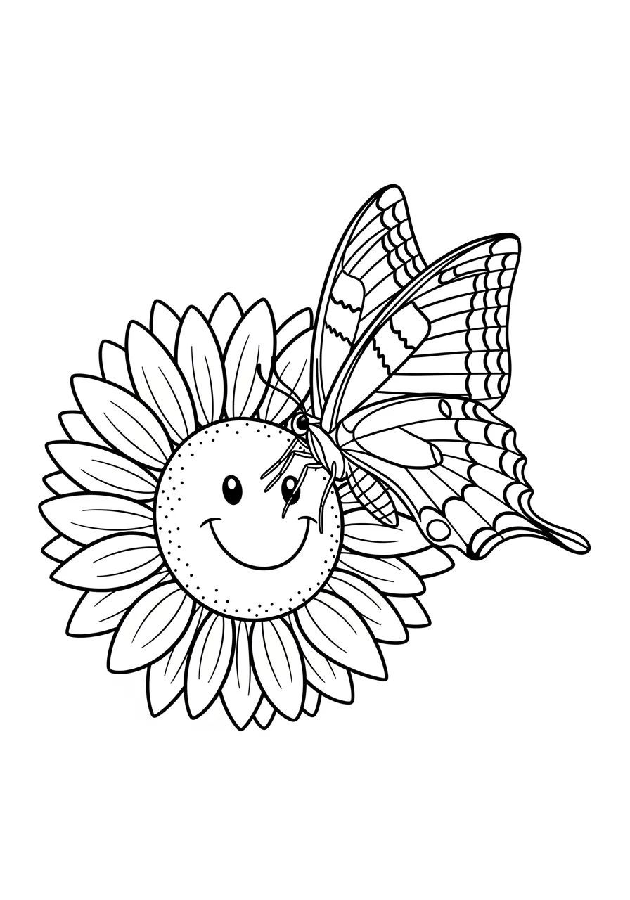 3. Swallowtail Butterfly on Sunflower Coloring Page -- prompt: "black lines only Bold black outlines define a majestic swallowtail butterfly with geometric wing patterns perched atop a cheerful sunflower. Clean line art perfect for coloring, featuring large petals, seeds, and decorative wing spots awaiting vibrant colors. flat black lines, premium coloring page, coloring sheet, line drawing, Coloring Book, NO COLOR, NO SHADING, WHITE BACKGROUND. NO GRAY, BLACK AND WHITE, NO COLOR" -- A graceful swallowtail butterfly perches delicately on a large sunflower in this charming coloring page. The intricate wing patterns and distinctive tail extensions of the swallowtail create beautiful details to color. The sunflower provides a perfect backdrop with its large petals and textured center.