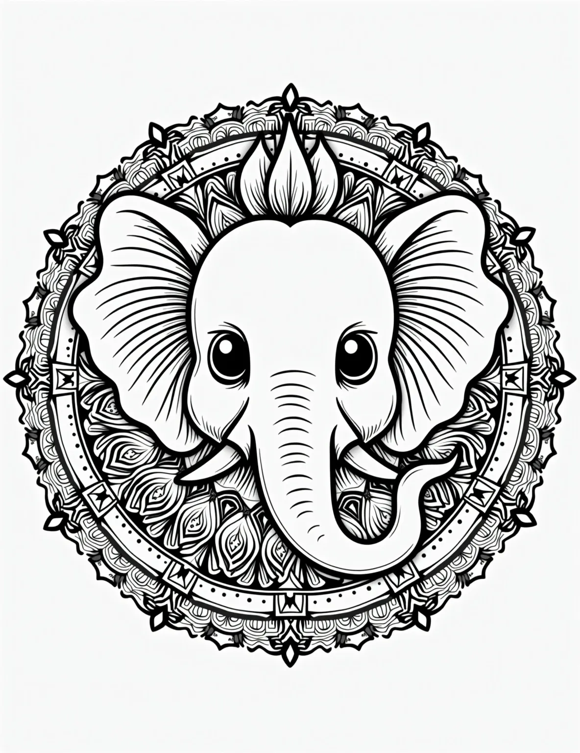 Elegant Elephant Mandala Coloring Page -- prompt: "black lines only Playful elephant mandala coloring page. Bold outlines frame intricate Indian-inspired patterns. Elephant trunks swirl into paisley shapes. Lotus flowers bloom between geometric borders. Zentangle-style details fill negative spaces. Joyful, meditative design perfect for all ages to color and explore. flat black lines, premium coloring page, coloring sheet, line drawing, Coloring Book, NO COLOR, NO SHADING, WHITE BACKGROUND. NO GRAY, BLACK AND WHITE, NO COLOR" -- Immerse yourself in the intricate beauty of this elephant-themed mandala coloring page. The design incorporates delicate elephant motifs within a complex circular pattern, inspired by traditional Indian art. This sophisticated page is perfect for adults seeking a meditative and challenging coloring experience.