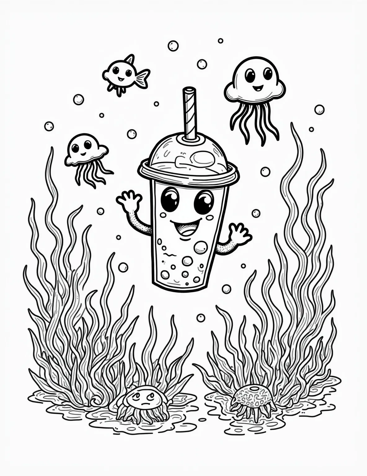 Boba Tea Under the Sea Adventure -- prompt: "black lines only Playful coloring page featuring a wide-eyed boba cup explorer swimming through a coral reef of bendy straws. Tapioca pearl fish, jellyfish, and octopi dot the scene. Bold outlines define each element, creating a fun, underwater world ready for coloring. Bubble trails and seaweed frame the composition. flat black lines, premium coloring page, coloring sheet, line drawing, Coloring Book, NO COLOR, NO SHADING, WHITE BACKGROUND. NO GRAY, BLACK AND WHITE, NO COLOR" -- Dive into an underwater wonderland with this delightful boba tea themed coloring page. A curious boba cup explorer swims among colorful coral reefs made of twisted straws and encounters friendly sea creatures with bodies of tapioca pearls. This page offers a perfect blend of fantasy and sea life for young ocean enthusiasts.