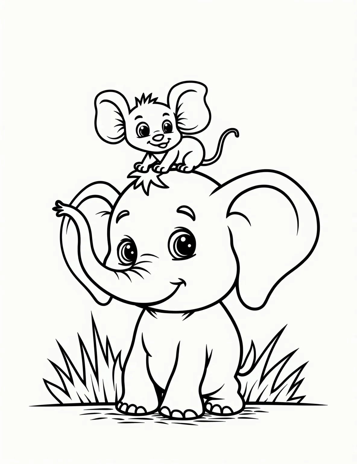 Cartoon Elephant and Mouse Friends Coloring Page -- prompt: "black lines only Cheerful cartoon elephant delicately balances tiny mouse on curled trunk. Bold outlines define characters against simple grass backdrop. Large, empty spaces invite coloring. Thick, clean lines perfect for young artists. Joyful expressions and rounded shapes create inviting coloring book page. flat black lines, premium coloring page, coloring sheet, line drawing, Coloring Book, NO COLOR, NO SHADING, WHITE BACKGROUND. NO GRAY, BLACK AND WHITE, NO COLOR" -- This cute coloring page depicts an unlikely friendship between an elephant and a tiny mouse. The elephant is shown carefully holding the mouse in its trunk, both with big smiles on their faces. It's a sweet representation of friendship that knows no bounds.