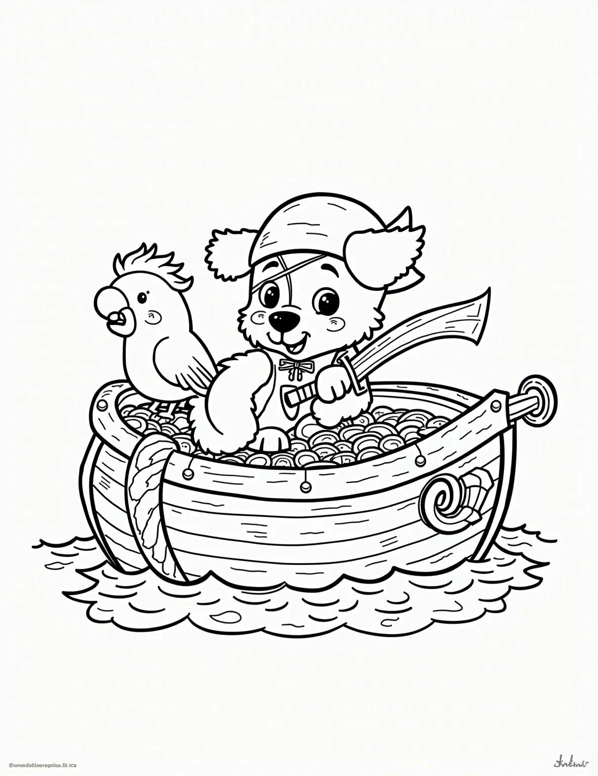 Puppy's Pirate Adventure Coloring Page -- prompt: "black lines only Playful puppy pirate, bold black outlines, eye patch, cardboard sword. Simplified ship deck, chunky parrot perched nearby. Oversized treasure chest bursting with coins. Wavy ocean background. Large, clear shapes perfect for coloring. Cheerful, adventurous scene inviting young artists to explore. flat black lines, premium coloring page, coloring sheet, line drawing, Coloring Book, NO COLOR, NO SHADING, WHITE BACKGROUND. NO GRAY, BLACK AND WHITE, NO COLOR" -- Ahoy, mateys! This swashbuckling coloring page features a puppy pirate ready for high-seas adventure. With an eye patch, bandana, and tiny sword, our furry buccaneer stands proudly on the deck of a ship. A parrot, treasure chest, and distant island complete the pirate puppy theme.