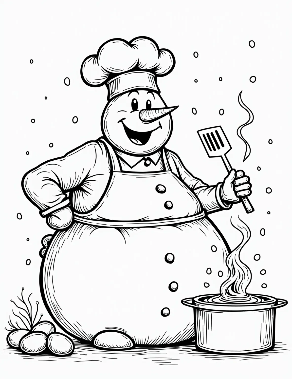 Snowman Chef in the Kitchen Coloring Page -- prompt: "black lines only Jolly snowman chef, plump and round, dons oversized toque and polka-dot apron. Kitchen scene bustles with exaggerated utensils, comically large pot billowing steam. Bold outlines perfect for coloring, peppered with playful culinary elements. Cheerful expressions and simple shapes invite creativity. flat black lines, premium coloring page, coloring sheet, line drawing, Coloring Book, NO COLOR, NO SHADING, WHITE BACKGROUND. NO GRAY, BLACK AND WHITE, NO COLOR" -- Cooking up some winter treats! This delightful coloring page showcases a snowman chef in a bustling kitchen. With a chef's hat and apron, he's ready to whip up some delicious winter delights. It's perfect for little food enthusiasts!