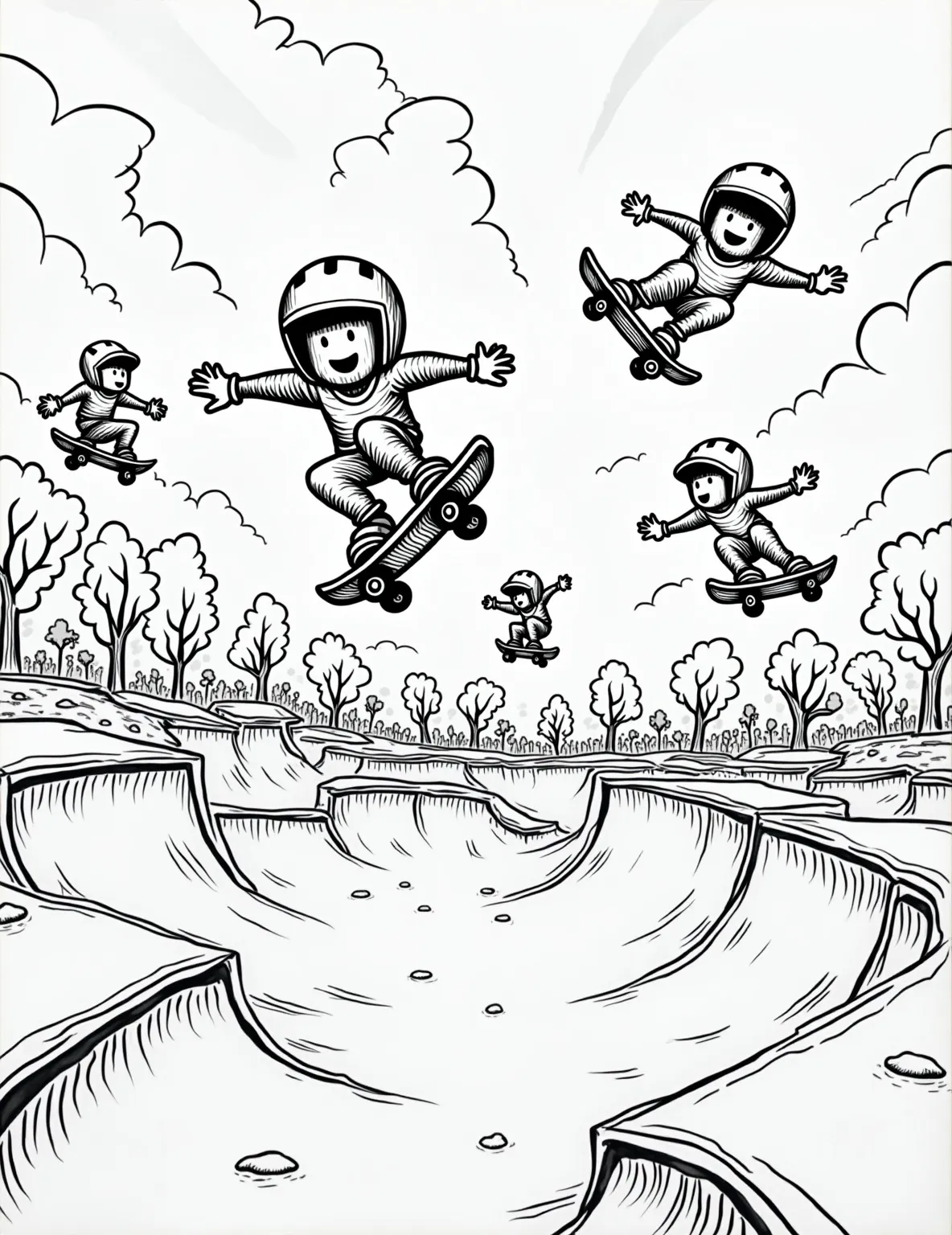 Extreme Sports Skate Park Coloring Page -- prompt: "black lines only Energetic boys mid-air, performing ollies and kickflips on skateboards. Thick, bold outlines define ramps, rails, and obstacles. Simplified shapes create a bustling skate park scene. Empty spaces await vibrant colors. Skateboard wheels and helmets emphasized. Playful, action-packed coloring page design. flat black lines, premium coloring page, coloring sheet, line drawing, Coloring Book, NO COLOR, NO SHADING, WHITE BACKGROUND. NO GRAY, BLACK AND WHITE, NO COLOR" -- Get ready for some radical action with this thrilling coloring page featuring boys performing impressive tricks at a bustling skate park. The scene is filled with ramps, rails, and half-pipes, capturing the excitement and energy of extreme sports. It's an ideal page for boys who love skateboarding and dream of mastering cool stunts.