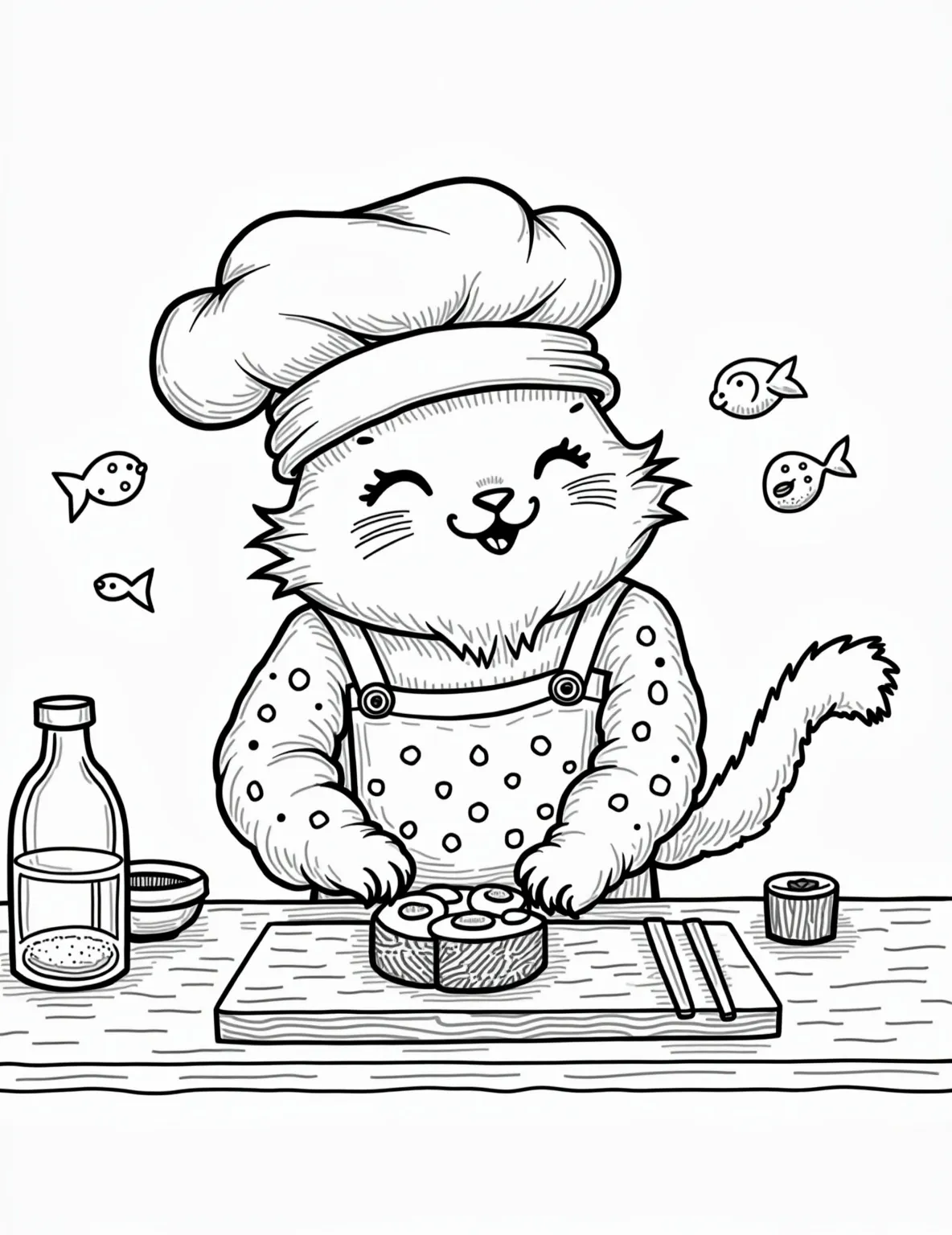 Sushi Chef Cat Coloring Page -- prompt: "black lines only Playful line-art cat, oversized chef's hat, polka-dot apron, standing behind sushi counter. Whiskers curled, paws rolling sushi. Counter adorned with fish outlines, chopsticks, soy sauce bottle. Background features wavy nori patterns, floating rice grains. Bold, simple shapes for easy coloring. flat black lines, premium coloring page, coloring sheet, line drawing, Coloring Book, NO COLOR, NO SHADING, WHITE BACKGROUND. NO GRAY, BLACK AND WHITE, NO COLOR" -- Indulge in some culinary fun with this whimsical depiction of a cat as a master sushi chef. The cat's focused expression and skilled paw movements showcase its dedication to the craft. This unique page offers a delightful blend of Japanese cuisine and feline charm, perfect for food lovers and cat enthusiasts.