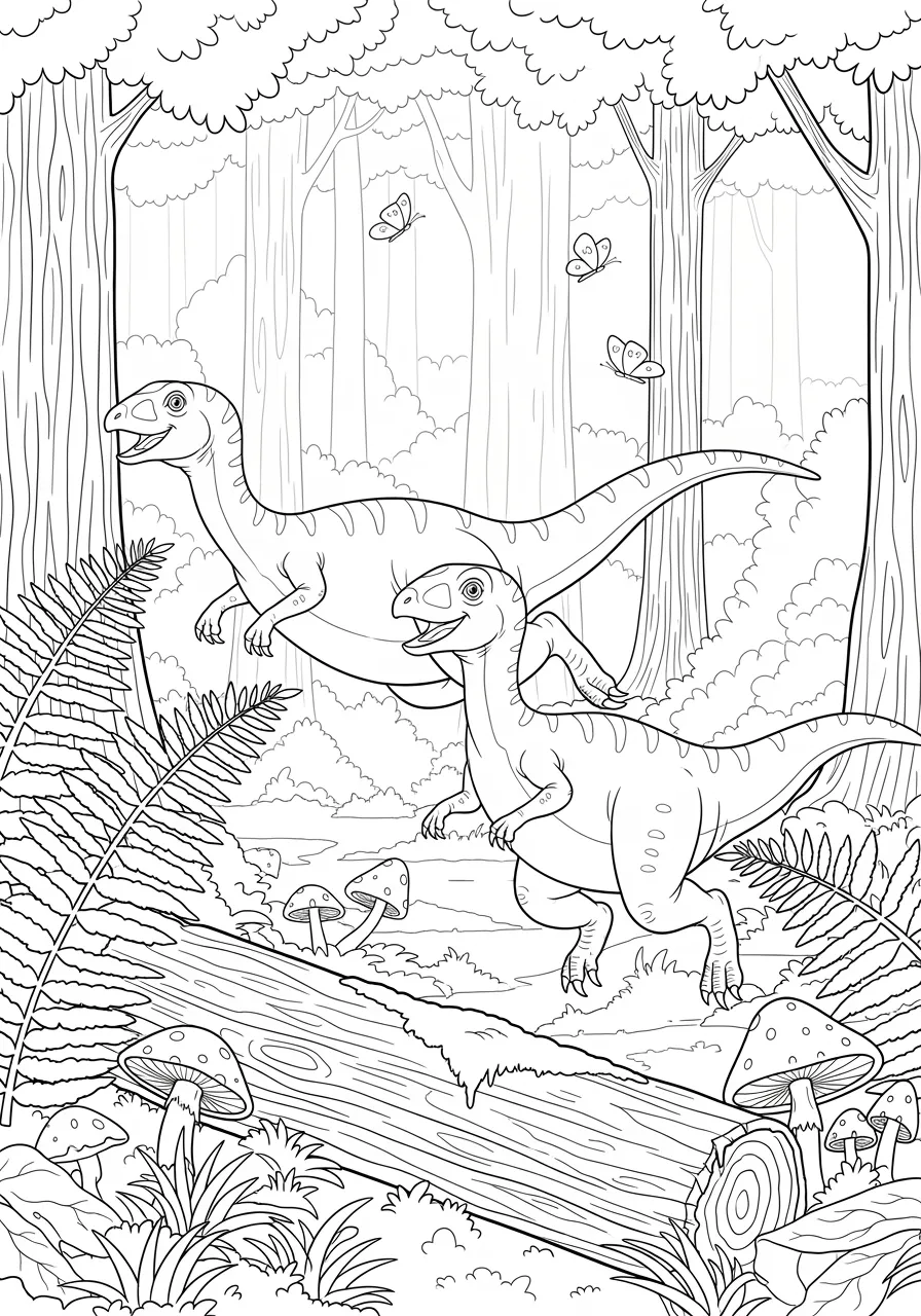 Dancing Compsognathus Forest Frolic Coloring Page -- prompt: "black lines only Playful Compsognathus dinosaurs chase butterflies through towering prehistoric ferns, leaping over moss-covered fallen logs, their cheerful expressions and dynamic poses creating joyful scenes perfect for children's coloring books with bold outlines and simple shapes flat black lines, premium coloring page, coloring sheet, line drawing, Coloring Book, NO COLOR, NO SHADING, WHITE BACKGROUND. NO GRAY, BLACK AND WHITE, NO COLOR" -- A group of tiny Compsognathus dinosaurs playfully chase each other through a dense prehistoric forest filled with giant ferns and towering trees. These chicken-sized dinos appear to be having the time of their lives as they leap over logs and dart between plants. This energetic scene is perfect for kids who love active, fun-filled designs that show the lighter side of dinosaur life in the ancient world.