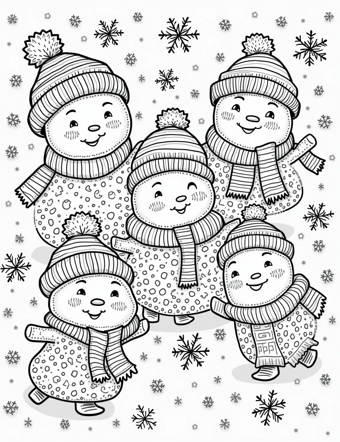 Cute Snowflake Characters -- prompt: "black lines only Delightful snowflake characters with expressive faces, cozy hats, and colorful scarves gather joyfully. Bold outlines define each unique shape, perfect for coloring. Swirling patterns and cheerful details fill empty spaces, creating a whimsical winter scene ready for creative coloring adventures. Coloring book style, fun and engaging. flat black lines, premium coloring page, coloring sheet, line drawing, Coloring Book, NO COLOR, NO SHADING, WHITE BACKGROUND. NO GRAY, BLACK AND WHITE, NO COLOR" -- Meet the adorable snowflake family in this charming coloring page. Each snowflake has been personified with cute faces and accessories, creating a cast of lovable winter characters. It's perfect for younger colorists or those young at heart.