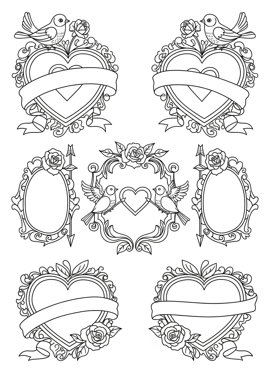 Vintage Valentine Postcard Coloring Page -- prompt: "black lines only Fun coloring book style vintage Valentine postcard featuring bold black outlines, decorative heart-shaped borders with ribbon flourishes, cupid arrows, roses, lovebirds perched on ornamental frames, classic romantic symbols arranged symmetrically, cheerful cartoon-like illustration perfect for coloring flat black lines, premium coloring page, coloring sheet, line drawing, Coloring Book, NO COLOR, NO SHADING, WHITE BACKGROUND. NO GRAY, BLACK AND WHITE, NO COLOR" -- Step back in time with this elaborate vintage Valentine postcard design featuring ornate borders and classic romantic imagery. Decorative flourishes frame a central heart motif, while elegant script lettering adds authentic period charm. This sophisticated design appeals to adults who appreciate historical and vintage aesthetic elements.