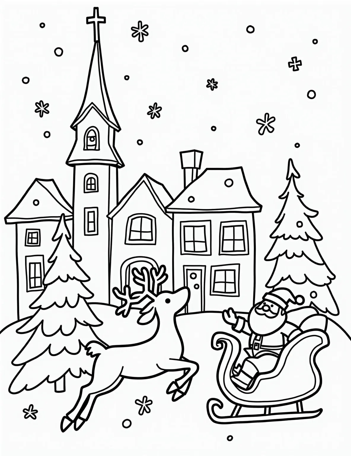 Christmas Eve Starry Night Coloring Page -- prompt: "black lines only Chunky outlines frame starry Christmas Eve sky, oversized snowflakes, and stylized pine trees. Bold church steeple pierces horizon, surrounded by cartoonish houses with swirly smoke. Playful reindeer prances through scene. Empty spaces await colorful creativity. Joyful, simple shapes capture holiday magic. flat black lines, premium coloring page, coloring sheet, line drawing, Coloring Book, NO COLOR, NO SHADING, WHITE BACKGROUND. NO GRAY, BLACK AND WHITE, NO COLOR" -- Experience the magic of Christmas Eve night with this ethereal coloring page. The scene depicts a starry sky above a peaceful winter landscape, with a distant church and houses nestled in the snow. This page is ideal for those who appreciate the quiet beauty of the holiday season.