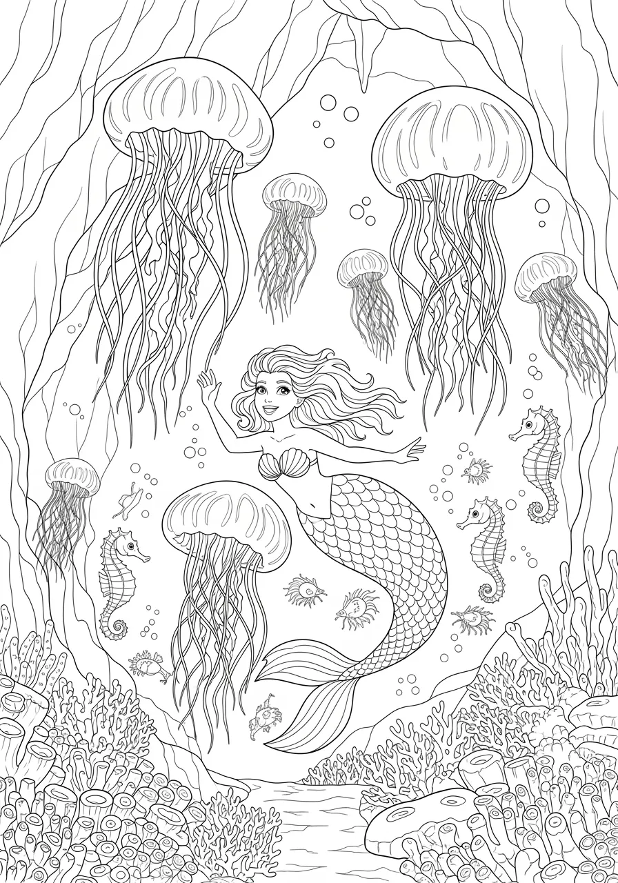 Mermaid's Jellyfish Lantern Parade Coloring Page -- prompt: "black lines only Fun coloring book style illustration of a smiling mermaid with flowing hair swimming gracefully alongside large glowing jellyfish that illuminate the dark ocean depths like magical underwater lanterns, creating bold outlines perfect for coloring flat black lines, premium coloring page, coloring sheet, line drawing, Coloring Book, NO COLOR, NO SHADING, WHITE BACKGROUND. NO GRAY, BLACK AND WHITE, NO COLOR" -- Glowing jellyfish create a magical lantern parade as they swim alongside a delighted mermaid through dark ocean depths. The translucent jellyfish bodies and trailing tentacles offer unique coloring challenges and creative possibilities. Bioluminescent effects can be achieved with creative color choices.