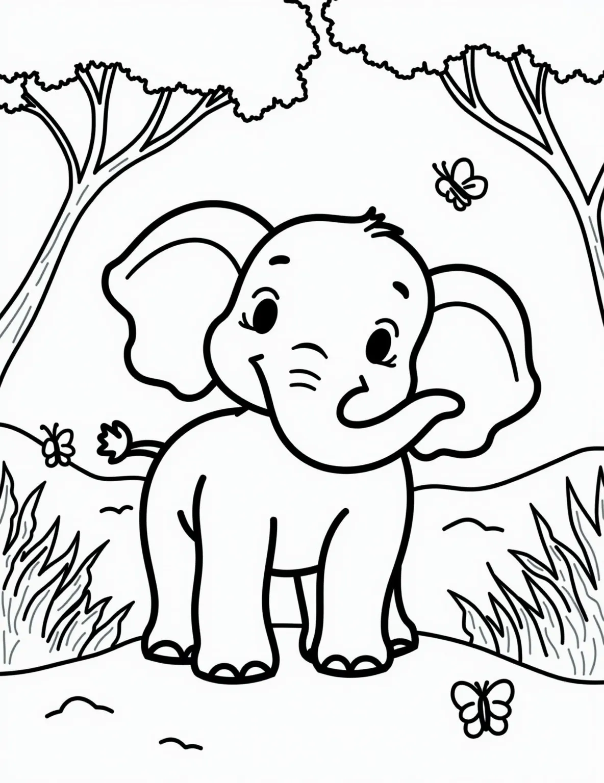 Majestic African Elephant Coloring Page -- prompt: "black lines only Cheerful African elephant outline with bold, thick lines. Exaggerated ears spread wide, trunk raised playfully. Simple acacia tree silhouettes frame the background. Savanna grass represented by wavy lines. Empty spaces invite creative coloring. Gentle curves and rounded shapes throughout. Fun, child-friendly design for coloring book page. flat black lines, premium coloring page, coloring sheet, line drawing, Coloring Book, NO COLOR, NO SHADING, WHITE BACKGROUND. NO GRAY, BLACK AND WHITE, NO COLOR" -- Showcase the power and grace of an adult African elephant with this detailed coloring page. The elephant is depicted with its ears spread wide and trunk raised, standing in a savanna setting. This page is ideal for those who enjoy more realistic and intricate designs.