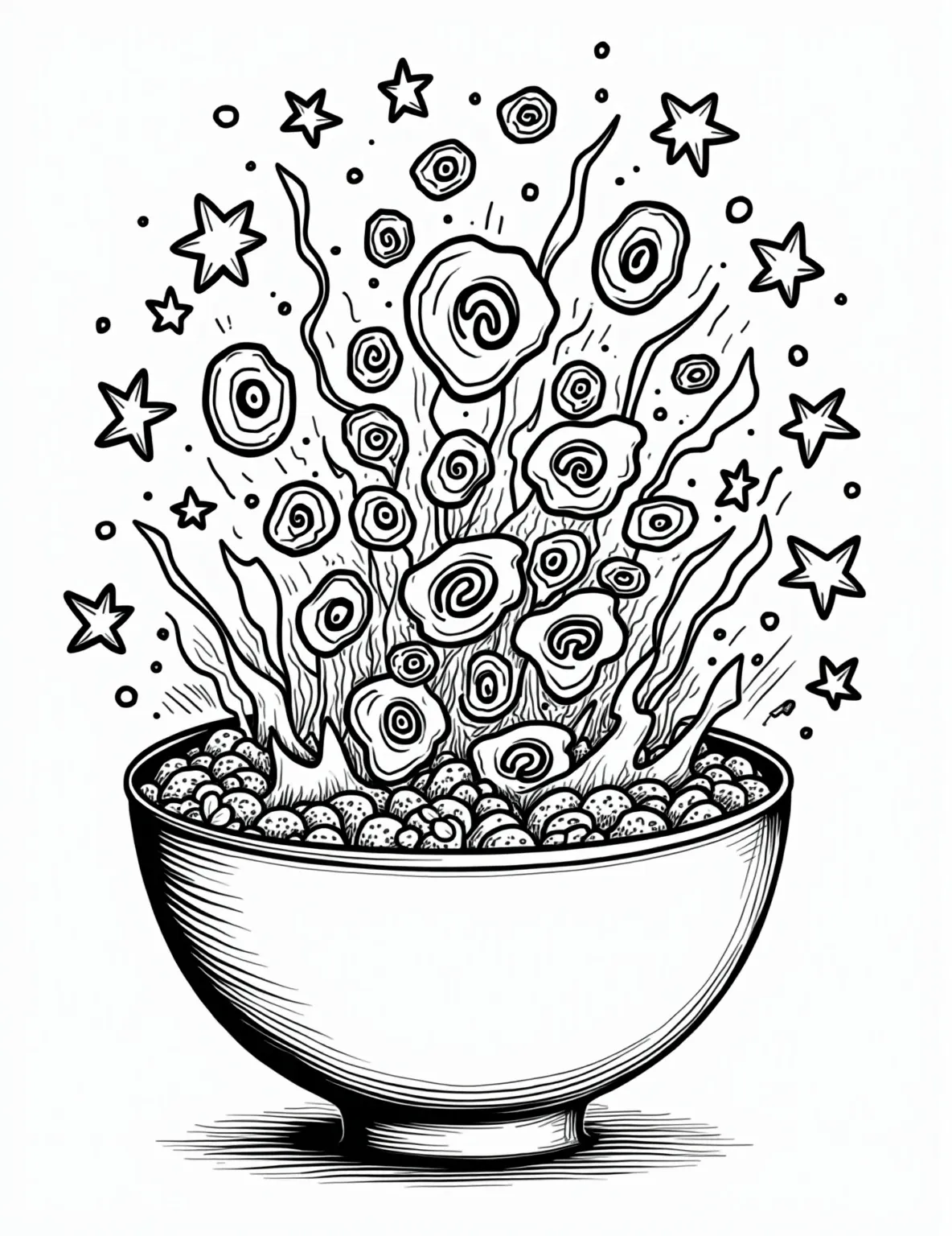 Breakfast Cereal Carnival Coloring Page -- prompt: "black lines only Oversized cereal bowl bursting with colorful loops, stars, and flakes. Milk splashes playfully, creating swirls. Floating toast, eggs, and fruit orbit the bowl. Bold outlines define each shape, inviting imagination. Cheerful breakfast scene awaits vibrant coloring, perfect for hungry artists. flat black lines, premium coloring page, coloring sheet, line drawing, Coloring Book, NO COLOR, NO SHADING, WHITE BACKGROUND. NO GRAY, BLACK AND WHITE, NO COLOR" -- Start your day with a smile using our Breakfast Cereal Carnival coloring page! A big bowl is filled with various cereal shapes, from loops to stars, with milk splashing playfully. Floating around are fruits and other breakfast items, creating a fun and dynamic scene.