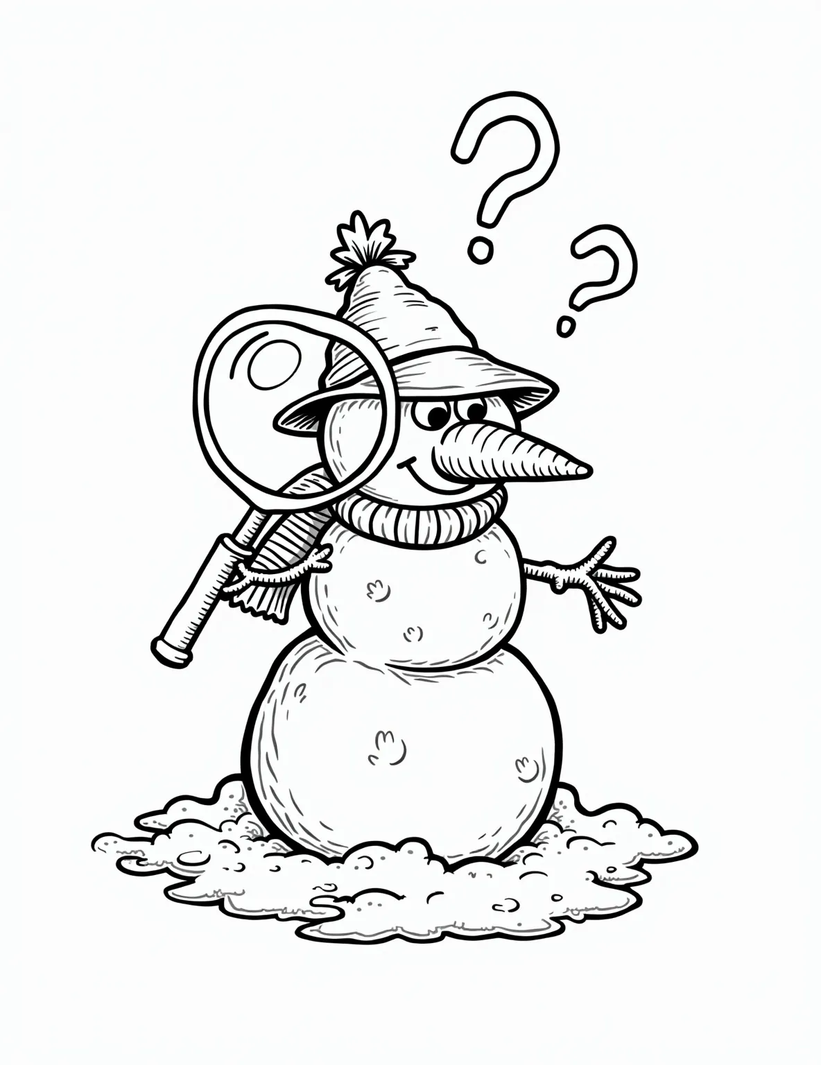 Snowman Detective Mystery Coloring Page -- prompt: "black lines only A jolly snowman detective with carrot nose, coal eyes, and twig arms. Wearing oversized deerstalker hat, wielding comically large magnifying glass. Examining exaggerated footprints in fluffy snow. Cartoonish question marks float above. Bold outlines, simple shapes. Perfect for coloring fun. flat black lines, premium coloring page, coloring sheet, line drawing, Coloring Book, NO COLOR, NO SHADING, WHITE BACKGROUND. NO GRAY, BLACK AND WHITE, NO COLOR" -- The game is afoot in this intriguing coloring page! It features a snowman detective, complete with a deerstalker hat and magnifying glass, solving a winter mystery. With clues scattered around, it's a scene that combines sleuthing with snowy fun.