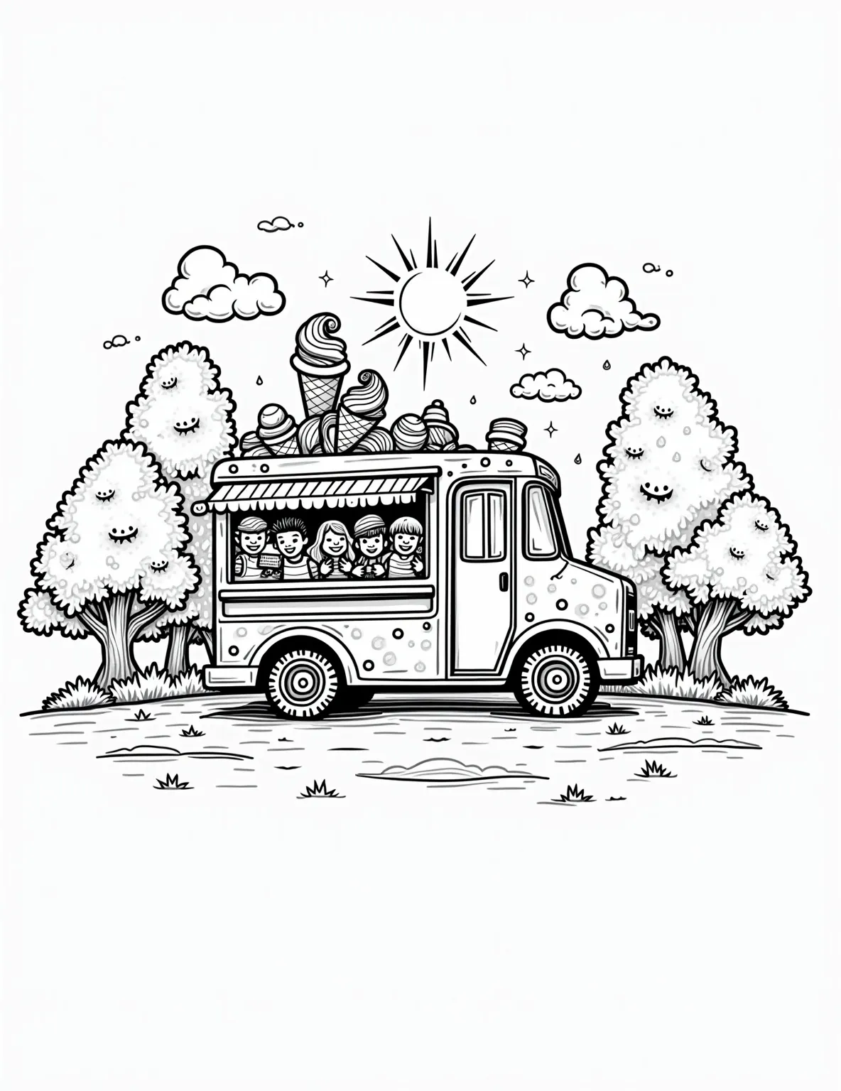 Whimsical Ice Cream Truck -- prompt: "black lines only Ice cream truck bursting with bold, outlined shapes: swirls, cones, and smiling suns. Thick black lines define cheerful children, trees, and fluffy clouds. Simple yet expressive faces capture excitement. Perfect for coloring, each element pops against white background. Playful park scene invites creative color choices. flat black lines, premium coloring page, coloring sheet, line drawing, Coloring Book, NO COLOR, NO SHADING, WHITE BACKGROUND. NO GRAY, BLACK AND WHITE, NO COLOR" -- Sweeten your day with this charming ice cream truck coloring page. Decorated with tempting treats and cheerful designs, this vehicle brings joy wherever it goes. It's a delightful choice for young children and anyone young at heart.