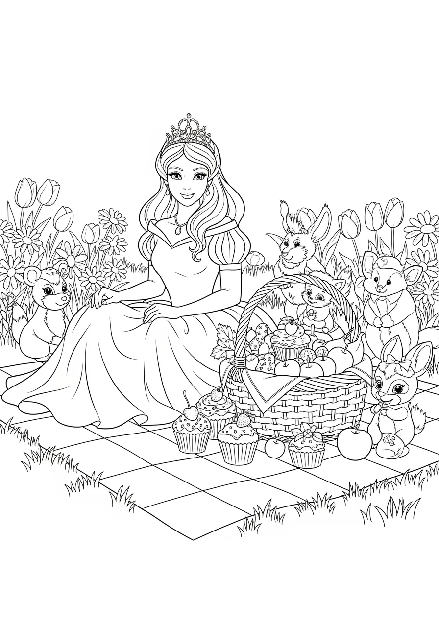 Princess Picnic Meadow Coloring Page -- prompt: "black lines only Fun coloring book style princess with flowing gown and tiara sits cross-legged on large checkered picnic blanket, surrounded by curious rabbits, squirrels, and butterflies, with basket of cupcakes and fruits in sunny flower-filled meadow flat black lines, premium coloring page, coloring sheet, line drawing, Coloring Book, NO COLOR, NO SHADING, WHITE BACKGROUND. NO GRAY, BLACK AND WHITE, NO COLOR" -- Enjoy a relaxing countryside scene with this charming princess having a picnic in a flower-filled meadow with her royal pets. A checkered blanket holds delicious treats while butterflies and small woodland animals join the outdoor feast. This gentle scene is perfect for younger children and celebrates the simple joys of nature and friendship.