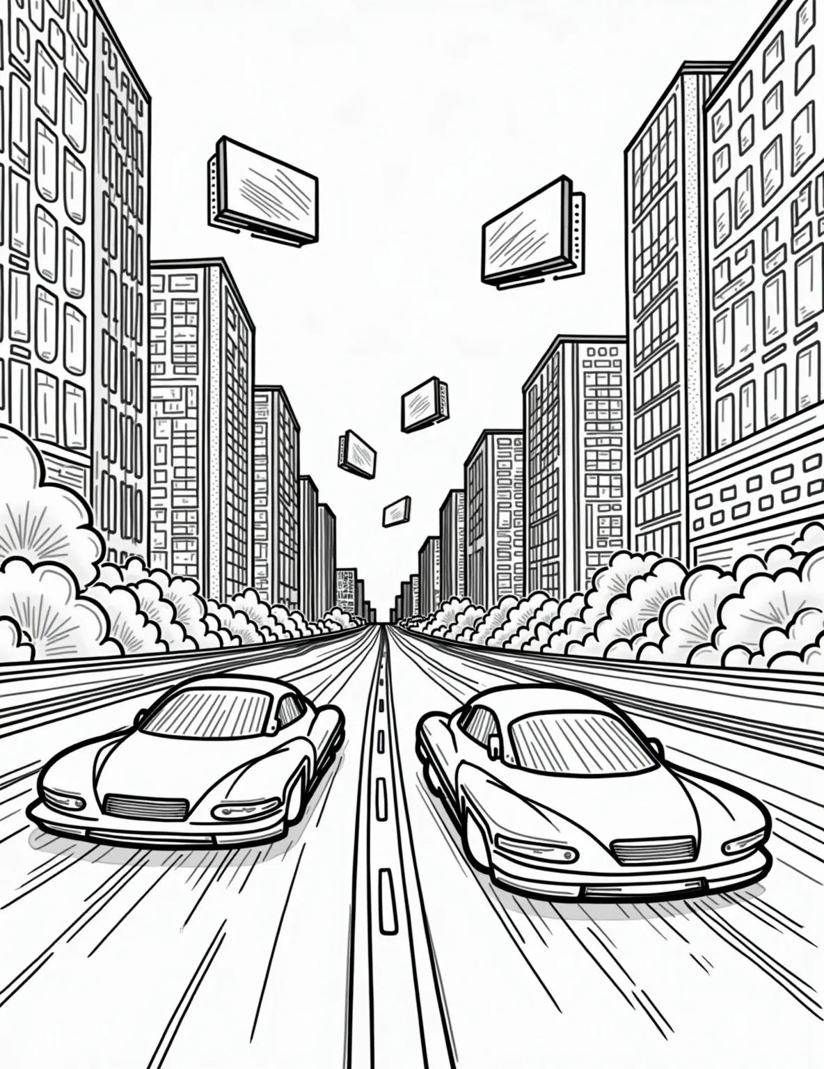 Futuristic Hover Car Racing -- prompt: "black lines only Playful outline of futuristic hover cars zooming through a simplified cityscape. Bold, thick lines define sleek vehicles and towering skyscrapers. Neon-inspired patterns fill buildings. Wavy motion lines trail cars. Empty spaces await vibrant colors. Retro-futuristic elements like flying billboards add whimsy. A fun, imaginative coloring page for all ages. flat black lines, premium coloring page, coloring sheet, line drawing, Coloring Book, NO COLOR, NO SHADING, WHITE BACKGROUND. NO GRAY, BLACK AND WHITE, NO COLOR" -- Zoom into the future with this high-octane hover car race scene. Set in a neon-lit cityscape, sleek vehicles without wheels compete at breakneck speeds. This coloring page is ideal for those who love science fiction and dream of tomorrow's transportation marvels.