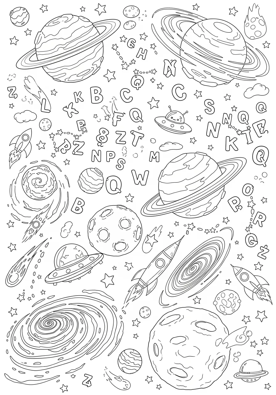 Cosmic Alphabet Constellation -- prompt: "black lines only Playful alphabet constellations dance across a starry coloring book sky. Chunky, outlined planets and swirling comets await vibrant hues. Cosmic elements like asteroids and nebulae form connect-the-dots patterns. Child-friendly alien spaceships zoom between letter-shaped star clusters, inviting colorful imagination. flat black lines, premium coloring page, coloring sheet, line drawing, Coloring Book, NO COLOR, NO SHADING, WHITE BACKGROUND. NO GRAY, BLACK AND WHITE, NO COLOR" -- Explore the universe while learning your ABCs with this out-of-this-world coloring page! Each letter of the alphabet is crafted from twinkling stars, forming constellations against a backdrop of planets and galaxies. This celestial design offers a unique way to combine astronomy and literacy for curious minds of all ages.