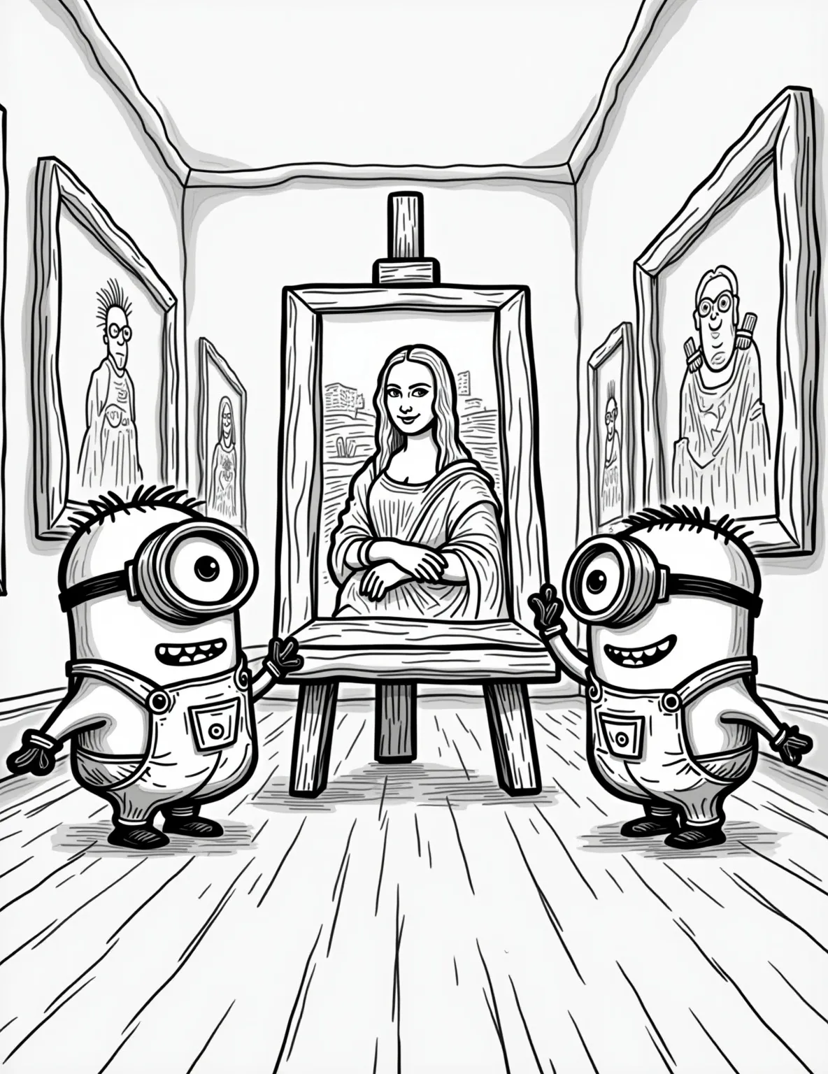 Minion Art Gallery Chaos -- prompt: "black lines only Minions gleefully pose in bold, thick-lined art gallery scenes. They mimic Mona Lisa's smile, balance atop Rodin's Thinker, and wear Dali's melting clocks. Empty spaces invite coloring. Oversized paintbrushes and palettes scatter playfully. Gallery walls showcase empty frames flat black lines, premium coloring page, coloring sheet, line drawing, Coloring Book, NO COLOR, NO SHADING, WHITE BACKGROUND. NO GRAY, BLACK AND WHITE, NO COLOR" -- Experience culture with a twist in this hilarious Minion-themed art gallery coloring page. Our yellow friends are running amok in a fancy museum, mimicking famous paintings and sculptures in their own unique way. This page is great for art-loving adults who appreciate a good laugh.