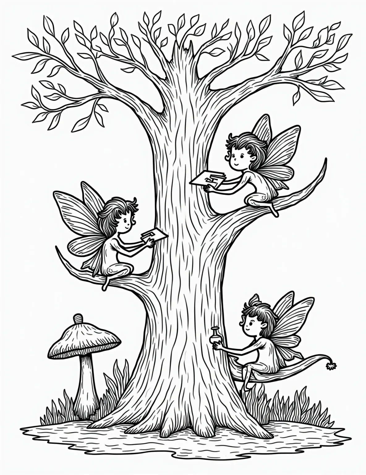 Fairy Postal Service Coloring Page -- prompt: "black lines only Enchanting coloring page: Fairy postal workers sorting leaf envelopes and petal parcels. Tiny mailboxes nestled in tree bark, spiraling branches form sorting shelves. Mushroom caps as desks, acorn caps as hats. Butterfly postage stamps and dewdrop ink pots. Coloring book style, fun for all ages. flat black lines, premium coloring page, coloring sheet, line drawing, Coloring Book, NO COLOR, NO SHADING, WHITE BACKGROUND. NO GRAY, BLACK AND WHITE, NO COLOR" -- Deliver a touch of magic with this charming fairy postal service coloring page. Fairies sort through letters and packages made from leaves and flower petals. This whimsical scene offers a unique glimpse into the day-to-day life of fairyland.