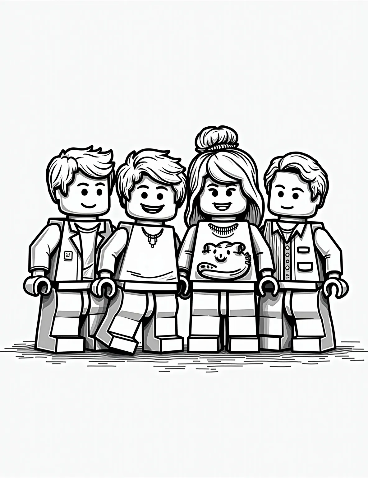 Lego Minifigure Family Coloring Page -- prompt: "black lines only Lego family minifigures transformed into bold outlines on a coloring book page. Cheerful parents, playful kids, and quirky pets with exaggerated features. Simple shapes and patterns fill backgrounds. Dotted lines guide coloring. Large, easy-to-color spaces perfect for young artists. Fun, cartoon-style scene ready for vibrant hues. flat black lines, premium coloring page, coloring sheet, line drawing, Coloring Book, NO COLOR, NO SHADING, WHITE BACKGROUND. NO GRAY, BLACK AND WHITE, NO COLOR" -- Celebrate the joy of family with this heartwarming Lego minifigure family coloring page. Featuring a group of Lego minifigures representing different family members, this page allows you to create your own Lego family portrait. It's a fun activity for the whole family to enjoy together.