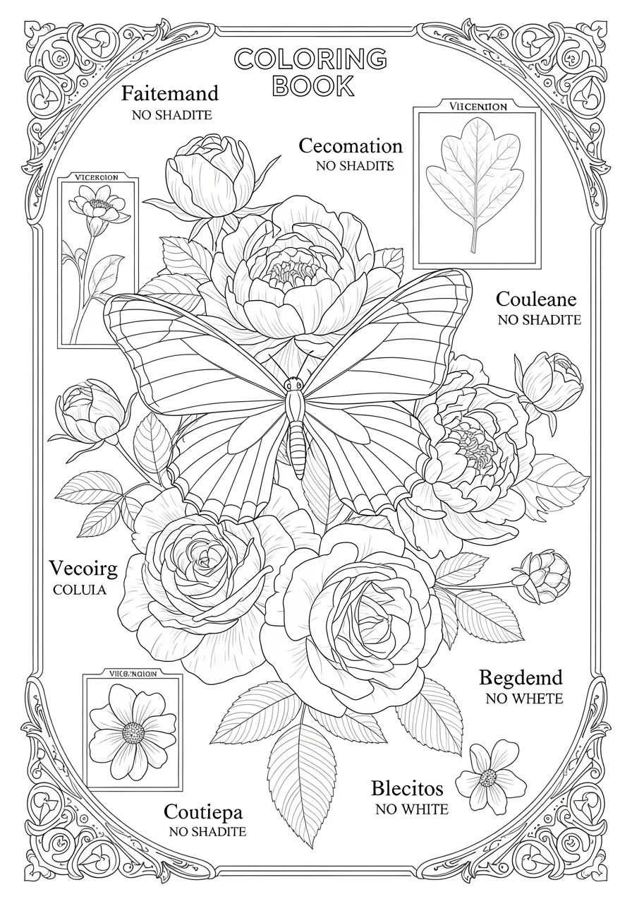 Vintage Victorian Butterfly Botanical Study Coloring Page -- prompt: "black lines only Bold black outline butterfly with Victorian scientific labels floating above vintage roses and peonies, thick clean lines perfect for coloring, educational botanical diagrams scattered around ornate decorative borders creating playful learning adventure flat black lines, premium coloring page, coloring sheet, line drawing, Coloring Book, NO COLOR, NO SHADING, WHITE BACKGROUND. NO GRAY, BLACK AND WHITE, NO COLOR" -- Step back in time with this sophisticated botanical illustration featuring a detailed butterfly surrounded by vintage-style flora and scientific notation elements. The intricate line work and classical composition appeal to adult colorists who appreciate historical art styles and natural history themes. This educational design combines the beauty of Victorian scientific illustrations with the relaxing benefits of detailed coloring work.