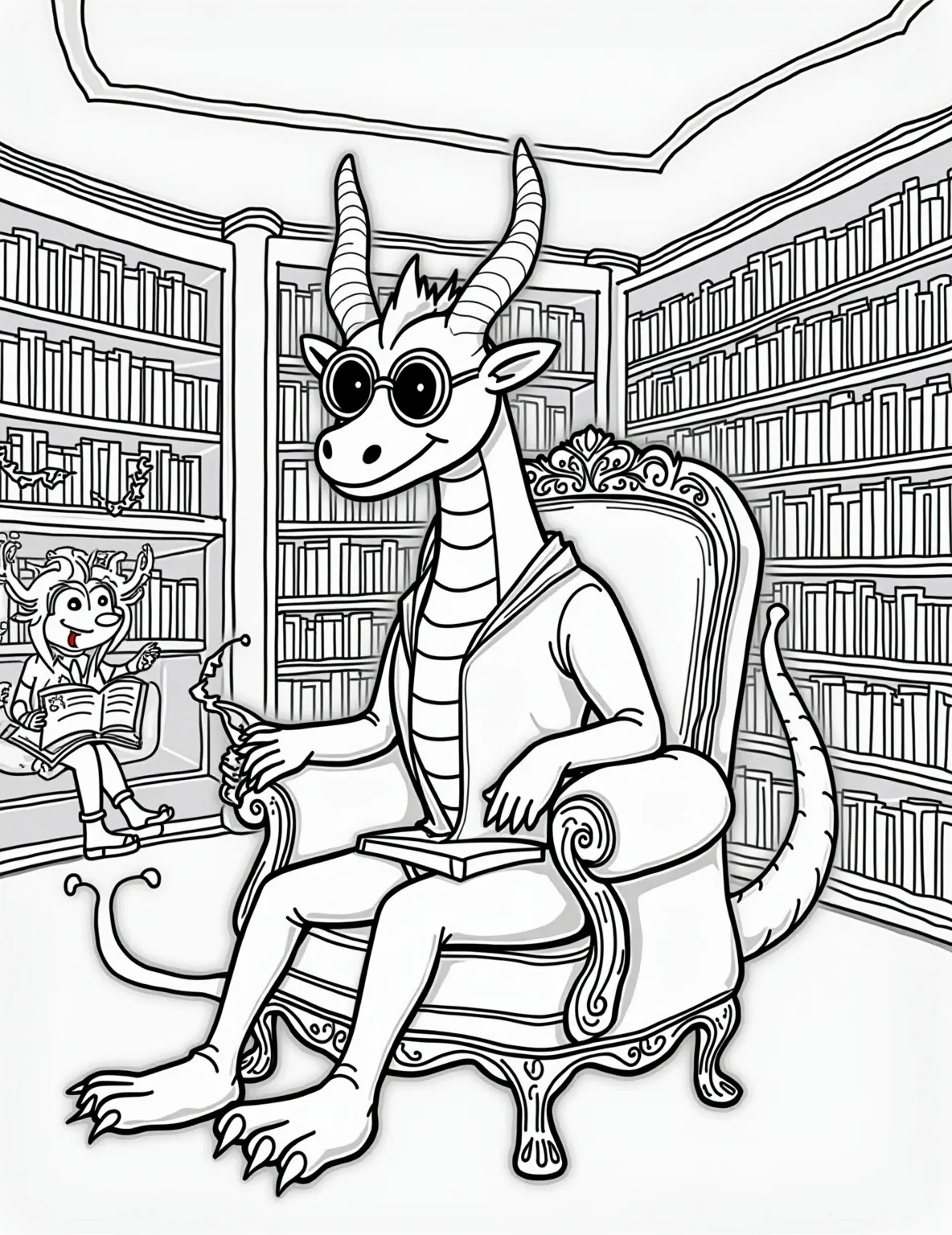 Dragon's Cozy Bookstore Coloring Page -- prompt: "black lines only Dragon librarian with round spectacles, tail curled around chair. Cozy bookstore interior with swirling line-art shelves. Customers as various creatures, browsing books. Reading nooks with plush pillows. Whimsical details like floating bookmarks and steaming teacups. Bold outlines, simple shapes for easy coloring. flat black lines, premium coloring page, coloring sheet, line drawing, Coloring Book, NO COLOR, NO SHADING, WHITE BACKGROUND. NO GRAY, BLACK AND WHITE, NO COLOR" -- Step into a charming world of literature with this heartwarming coloring page set in a dragon-owned bookstore. The dragon, wearing reading glasses, recommends books to customers while surrounded by towering bookshelves and cozy reading nooks. This page is perfect for book lovers and those who appreciate the magic of storytelling.