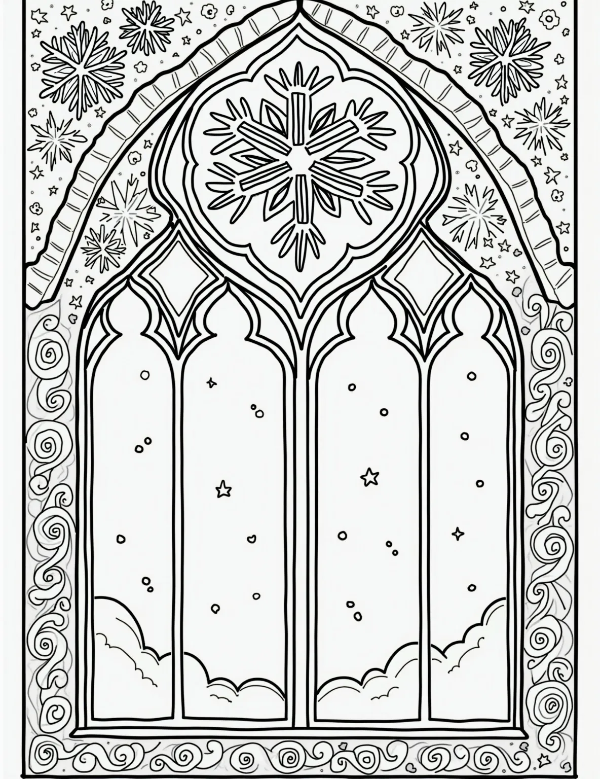 Snowflake Stained Glass Window -- prompt: "black lines only Playful coloring page design: cathedral-inspired window filled with chunky snowflake outlines. Bold geometric frames divide space into sections. Thick lines perfect for coloring. Swirling patterns and crystal shapes create a winter wonderland. Joyful and engaging, inviting creative expression. Suitable for flat black lines, premium coloring page, coloring sheet, line drawing, Coloring Book, NO COLOR, NO SHADING, WHITE BACKGROUND. NO GRAY, BLACK AND WHITE, NO COLOR" -- Bring the beauty of stained glass indoors with this snowflake-themed window design. Intricate snowflakes of various sizes are arranged to create a stunning faux stained glass effect. It's a coloring page that truly shines.