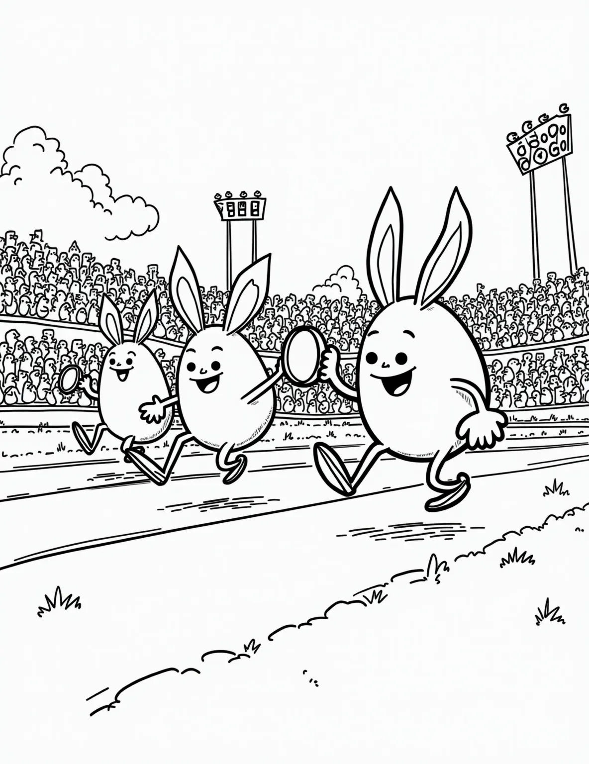 Easter Egg Olympic Games -- prompt: "black lines only Bold outlines frame cartoon Easter eggs with expressive faces, limbs, and athletic gear. They leap hurdles, toss discuses, and sprint on a stadium track. Fluffy bunny judges hold flags, while rows of chirping chick fans fill bleachers. Thick lines and simple shapes ideal for coloring. flat black lines, premium coloring page, coloring sheet, line drawing, Coloring Book, NO COLOR, NO SHADING, WHITE BACKGROUND. NO GRAY, BLACK AND WHITE, NO COLOR" -- Get ready for some egg-citing sports action in this playful coloring page. Easter eggs with faces and limbs participate in various Olympic-style events, such as egg rolling races, egg and spoon balancing, and egg decorating contests. Bunny referees and chick cheerleaders add to the festive competitive spirit.