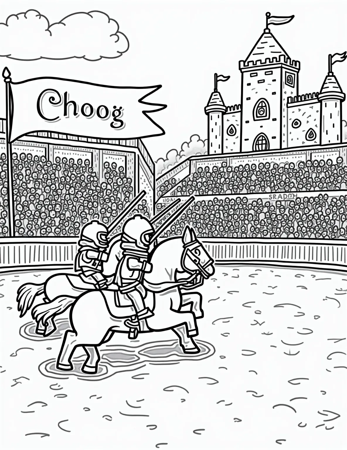 Lego Medieval Tournament Coloring Page -- prompt: "black lines only Lego medieval jousting tournament coloring page. Bold outlines frame knights atop blocky horses, spectators in simplified stands, and a castle with crenellations. Chunky shapes and playful details invite coloring. Banners flutter, lances cross, crowns sparkle in this joyful, kid-friendly scene. flat black lines, premium coloring page, coloring sheet, line drawing, Coloring Book, NO COLOR, NO SHADING, WHITE BACKGROUND. NO GRAY, BLACK AND WHITE, NO COLOR" -- Travel back in time with this exciting Lego medieval tournament coloring page. The scene depicts a grand jousting event with Lego knight minifigures on horseback, cheering crowds, and a majestic castle backdrop. This highly detailed page offers a perfect balance of action and historical elements, making it an engaging coloring activity for history buffs and young adventurers alike.