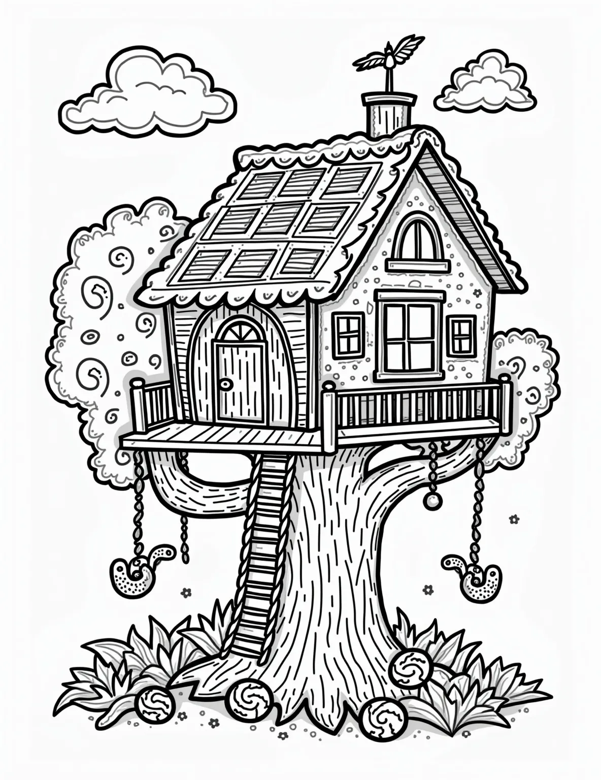 Eco-Friendly Gingerbread Treehouse -- prompt: "black lines only Eco-friendly gingerbread treehouse coloring page. Chunky outlines showcase candy solar panels, swirling wind turbines, and lush vegetable garden. Squirrels nibble recycled licorice ropes. Fluffy clouds frame scene. Bold patterns on walls invite creative coloring. Joyful sustainability message for all ages. flat black lines, premium coloring page, coloring sheet, line drawing, Coloring Book, NO COLOR, NO SHADING, WHITE BACKGROUND. NO GRAY, BLACK AND WHITE, NO COLOR" -- This modern coloring page showcases an eco-friendly gingerbread treehouse. Solar panels made of chocolate squares adorn the cookie roof, a wind turbine with wafer blades spins nearby, and a garden of vegetable-shaped candies grows below. It's a great way to combine environmental awareness with holiday fun.