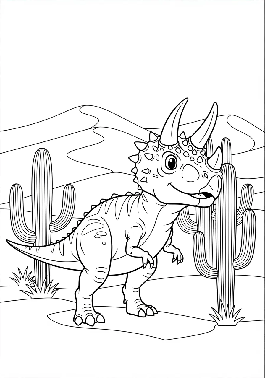 Majestic Carnotaurus Desert Hunter Coloring Page -- prompt: "black lines only Bold black line art Carnotaurus with sharp curved horns prowling between towering saguaro cacti and rolling sand dunes, simple cartoon style coloring book page with thick outlines, cheerful prehistoric desert scene perfect for children's creativity flat black lines, premium coloring page, coloring sheet, line drawing, Coloring Book, NO COLOR, NO SHADING, WHITE BACKGROUND. NO GRAY, BLACK AND WHITE, NO COLOR" -- The distinctive horned Carnotaurus prowls through a windswept desert landscape with its powerful legs built for incredible speed. This advanced coloring page features intricate details in the dinosaur's unique skull horns, muscular build, and the harsh desert environment with cacti and sand dunes. Adult colorists will appreciate the opportunity to work with warm earth tones and challenging shadow work in this dramatic hunting scene.