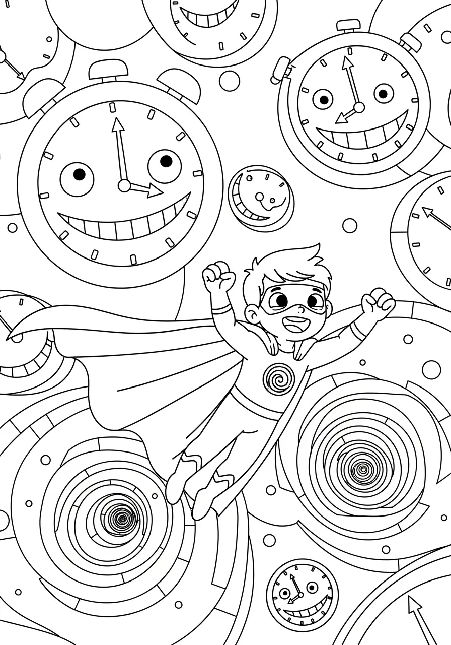 Time Manipulation Hero Stopping Clocks Coloring Page -- prompt: "black lines only Fun coloring book page featuring cheerful superhero with cape flowing, surrounded by large smiling clock faces floating in air, swirling time spiral patterns, bold black outlines, simple shapes perfect for children's crayons and markers flat black lines, premium coloring page, coloring sheet, line drawing, Coloring Book, NO COLOR, NO SHADING, WHITE BACKGROUND. NO GRAY, BLACK AND WHITE, NO COLOR" -- Step into a world where time stands still as this extraordinary superhero demonstrates their time manipulation abilities. Multiple clocks float frozen in mid-air around the hero while time ripples create mesmerizing circular patterns. This intricate adult coloring page challenges artists with detailed clockwork designs and complex geometric patterns.
