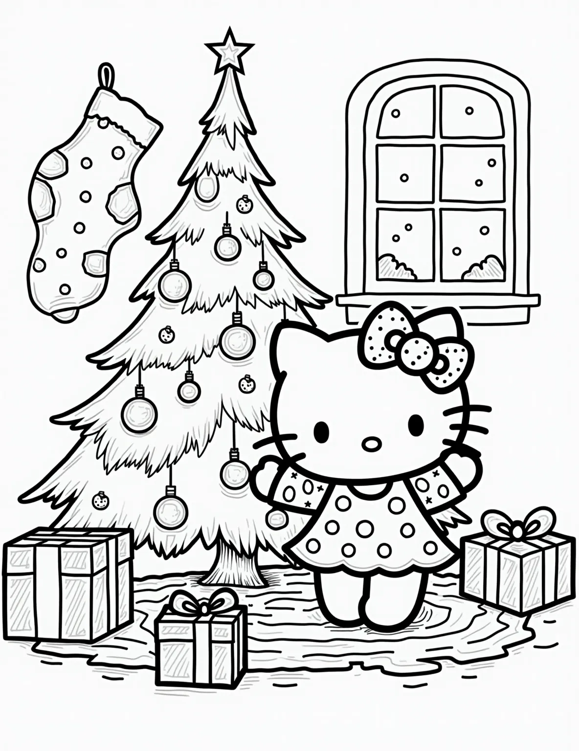 Hello Kitty's Magical Christmas -- prompt: "black lines only Hello Kitty, outlined in bold black lines, adorns a Christmas tree with ornaments. Stockings hang by a window framing snowy scenery. Presents scatter around the tree's base. Simple, clean lines define a cozy room's furniture. Charming holiday scenes fill empty spaces, ready for coloring. flat black lines, premium coloring page, coloring sheet, line drawing, Coloring Book, NO COLOR, NO SHADING, WHITE BACKGROUND. NO GRAY, BLACK AND WHITE, NO COLOR" -- Celebrate the holiday season with Hello Kitty in this festive coloring page! She's decorating a Christmas tree with ornaments and lights. The scene includes wrapped presents, stockings hung by a fireplace, and a window showing gently falling snow. It's a cozy and magical holiday scene to bring to life with color.