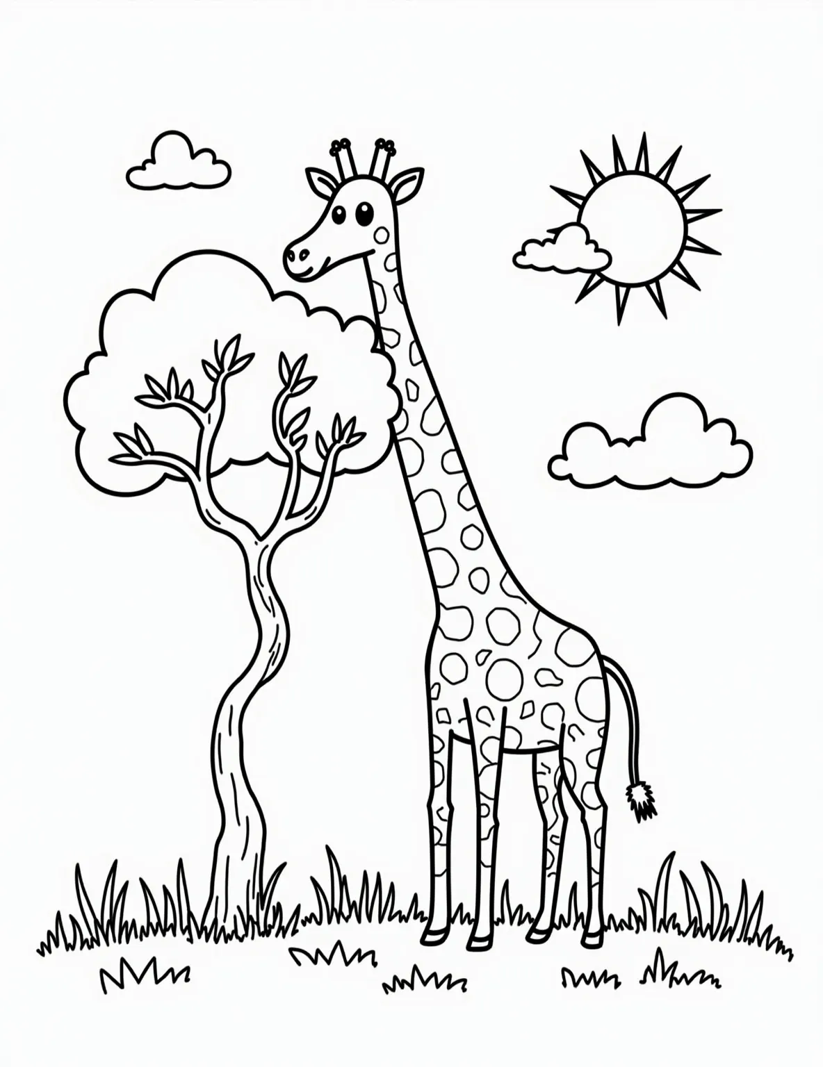 Graceful Giraffe Reaching High Coloring Page -- prompt: "black lines only Playful giraffe with exaggerated spots stretches comically long neck, reaching for chunky leaves atop stylized acacia tree. Bold outlines define savanna scene with simplified grass tufts, fluffy clouds, and a smiling sun. Perfect for coloring fun, inviting creativity and imagination. flat black lines, premium coloring page, coloring sheet, line drawing, Coloring Book, NO COLOR, NO SHADING, WHITE BACKGROUND. NO GRAY, BLACK AND WHITE, NO COLOR" -- Stretch your imagination with this elegant giraffe coloring page. The long-necked beauty reaching for leaves highlights the unique characteristics of these African animals. Ideal for those who enjoy coloring distinctive animal features.