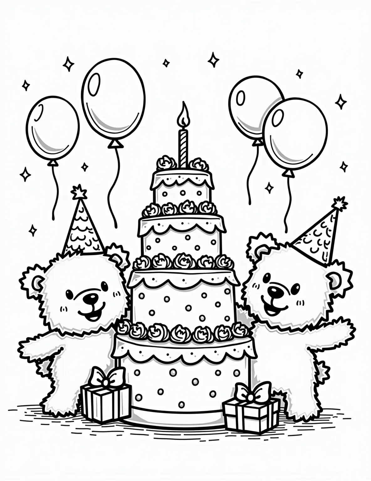 Teddy Bear's Birthday Party -- prompt: "black lines only Cheerful teddy bears gather around a whimsical birthday cake, outlined in bold black lines. Balloons float above, their strings curling playfully. Presents with bows sit nearby, all elements simplified for easy coloring. Joyful expressions and party hats adorn the bears' faces. flat black lines, premium coloring page, coloring sheet, line drawing, Coloring Book, NO COLOR, NO SHADING, WHITE BACKGROUND. NO GRAY, BLACK AND WHITE, NO COLOR" -- Join the celebration with this festive coloring page. A group of teddy bears gathers around a birthday cake, wearing party hats and surrounded by balloons and presents. This joyful scene is perfect for young children to color and discuss special occasions and friendship.