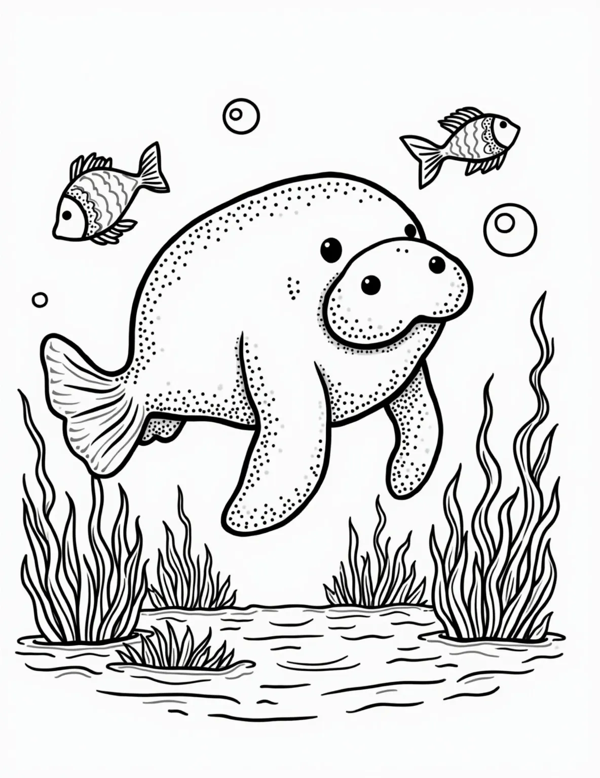 Gentle Manatee's Underwater Garden Coloring Page -- prompt: "black lines only Chunky outline of gentle manatee gliding through swaying sea grass. Playful fish dart around, bubbles float upward. Simple shapes perfect for coloring. Shallow water background with wavy lines. Cute expressions on marine life. Thick black lines define each element. flat black lines, premium coloring page, coloring sheet, line drawing, Coloring Book, NO COLOR, NO SHADING, WHITE BACKGROUND. NO GRAY, BLACK AND WHITE, NO COLOR" -- Float into serenity with this peaceful manatee coloring page. The rotund sea cow gliding through a bed of sea grass captures the gentle nature of these unique marine mammals. Perfect for ocean enthusiasts and those who enjoy calm, underwater scenes.