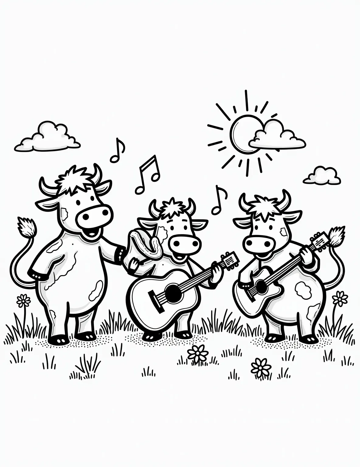 Cows Playing Musical Instruments -- prompt: "black lines only Cheerful cartoon cows in a sun-drenched meadow, playing instruments. A tuba-tooting bovine, guitar-strumming heifer, and drumming calf create a merry band. Bold outlines define each character, with simple shapes perfect for coloring. Daisies and musical notes dance around them. flat black lines, premium coloring page, coloring sheet, line drawing, Coloring Book, NO COLOR, NO SHADING, WHITE BACKGROUND. NO GRAY, BLACK AND WHITE, NO COLOR" -- This lively coloring page shows a group of cows playing various musical instruments. From guitars to drums to trumpets, these musical bovines are putting on quite a show. It's a fun way to introduce musical instruments while enjoying cow-themed coloring.