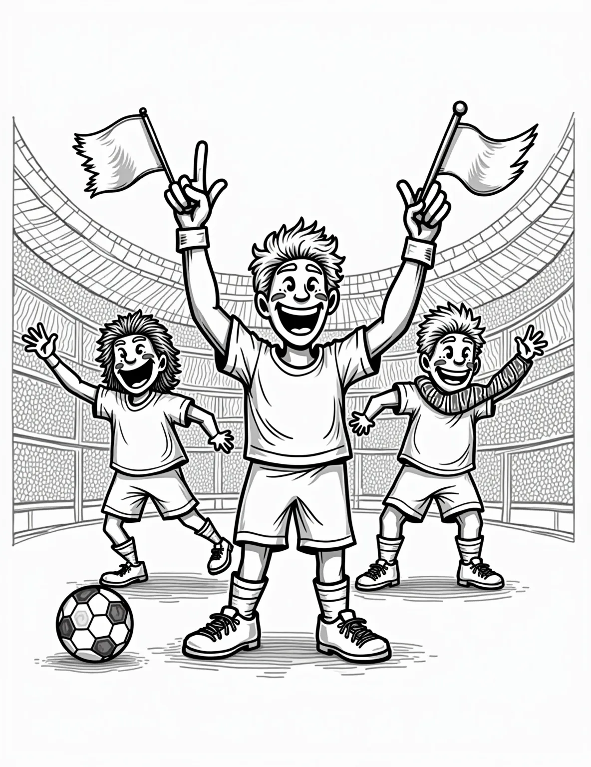 Soccer Fans Cheering -- prompt: "black lines only Vibrant coloring page: Joyful soccer fans with exaggerated smiles, waving oversized flags and scarves. Simplified outlines of stadium seats, goal posts, and a soccer ball. Bold patterns on jerseys, face paint designs. Energetic poses capture excitement. Empty spaces for creative coloring. Fun, family-friendly scene celebrating sports enthusiasm. flat black lines, premium coloring page, coloring sheet, line drawing, Coloring Book, NO COLOR, NO SHADING, WHITE BACKGROUND. NO GRAY, BLACK AND WHITE, NO COLOR" -- This lively coloring page depicts a group of enthusiastic soccer fans. The fans are wearing team colors, waving flags and scarves, and cheering excitedly. This page captures the passionate atmosphere of soccer fandom and offers many details to color.