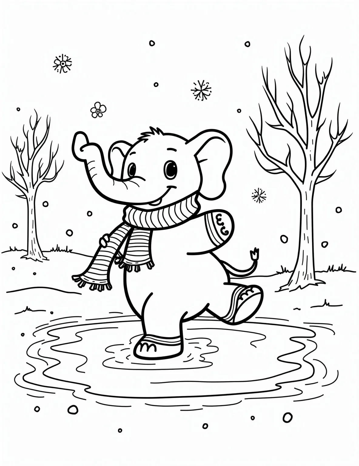 Elephant's Winter Wonderland Coloring Page -- prompt: "black lines only Playful elephant gracefully ice skating on frozen pond, adorned with striped scarf and fluffy earmuffs. Bold outlines define cartoon-like features. Stylized snowflakes and bare trees frame scene. Simple shapes and patterns perfect for coloring. Joyful winter wonderland atmosphere invites creative expression. flat black lines, premium coloring page, coloring sheet, line drawing, Coloring Book, NO COLOR, NO SHADING, WHITE BACKGROUND. NO GRAY, BLACK AND WHITE, NO COLOR" -- Chill out with this elephant's winter wonderland coloring page. The elephant is shown ice skating on a frozen pond, wearing a scarf and earmuffs. This page brings together the unlikely combination of elephants and winter fun for a delightful coloring experience.