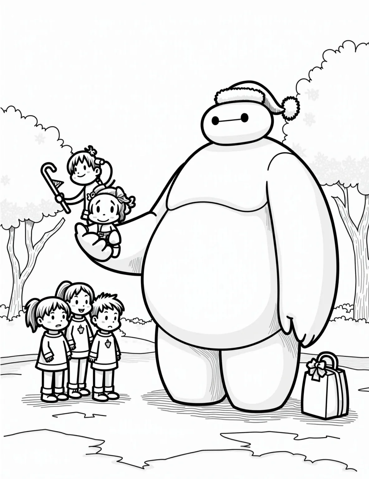 Baymax's San Fransokyo Christmas -- prompt: "black lines only Baymax, adorably squeezed into a tiny Santa suit, distributes candy canes to wide-eyed children in San Fransokyo's cherry blossom park. Big Hero 6 team watches nearby, their outlines bold and ready for coloring. Simplified shapes and thick lines create a charming, kid-friendly scene. flat black lines, premium coloring page, coloring sheet, line drawing, Coloring Book, NO COLOR, NO SHADING, WHITE BACKGROUND. NO GRAY, BLACK AND WHITE, NO COLOR" -- Baymax, dressed in a Santa suit that's a bit too small, hands out candy canes to children in a San Fransokyo park. Hiro and the Big Hero 6 team decorate a high-tech Christmas tree nearby. This scene blends futuristic elements with traditional holiday cheer.