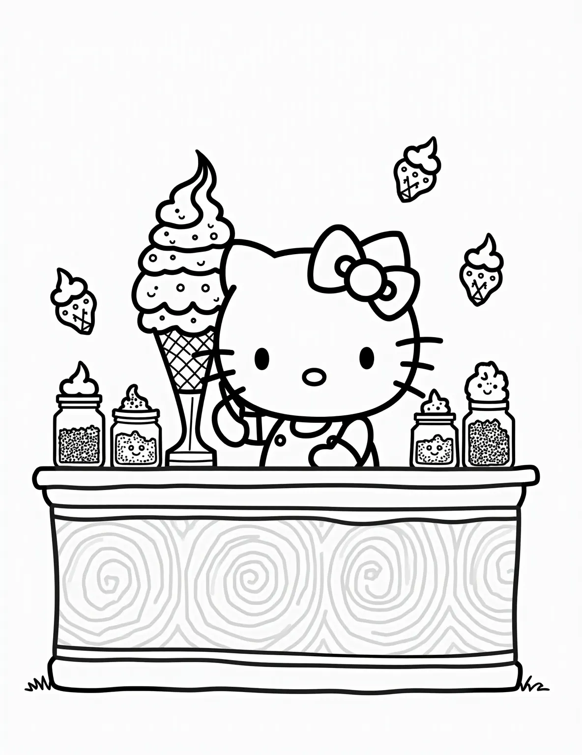 Hello Kitty's Ice Cream Parlor -- prompt: "black lines only Hello Kitty, cheerful and bow-adorned, stands behind a counter in a pastel ice cream parlor. She's scooping a towering sundae with bold outlines. Surrounding her are jars of sprinkles, chocolate chips, and waffle cones. Cute ice cream scoops with faces dot the scene. flat black lines, premium coloring page, coloring sheet, line drawing, Coloring Book, NO COLOR, NO SHADING, WHITE BACKGROUND. NO GRAY, BLACK AND WHITE, NO COLOR" -- Indulge in some sweet treats with Hello Kitty at her ice cream parlor! This delicious coloring page shows her serving up a giant ice cream sundae. The scene is filled with different flavors of ice cream, toppings, and even a cherry on top. It's a mouth-watering page that's perfect for summer coloring fun!