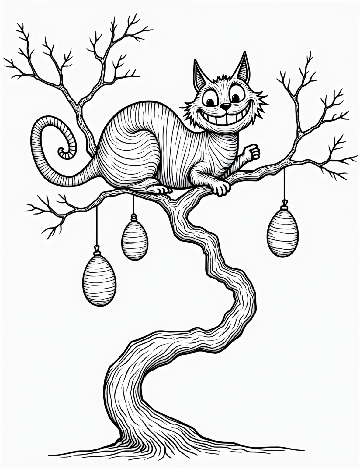 Cheshire Cat's Easter Egg Tree -- prompt: "black lines only Playful Cheshire Cat perched on gnarled tree branch, surrounded by Easter egg outlines. Eggs dangle like ornaments, some fading into invisibility. Cat's striped body partially vanishes, leaving floating grin. Bold, simple lines perfect for coloring. Whimsical wonderland scene ready for creative flat black lines, premium coloring page, coloring sheet, line drawing, Coloring Book, NO COLOR, NO SHADING, WHITE BACKGROUND. NO GRAY, BLACK AND WHITE, NO COLOR" -- The Cheshire Cat adds mischief to Easter in this enchanting coloring page. He's perched on a tree where Easter eggs grow like fruit, grinning his famous smile. Some eggs show hints of his vanishing trick, creating an intriguing and magical scene.