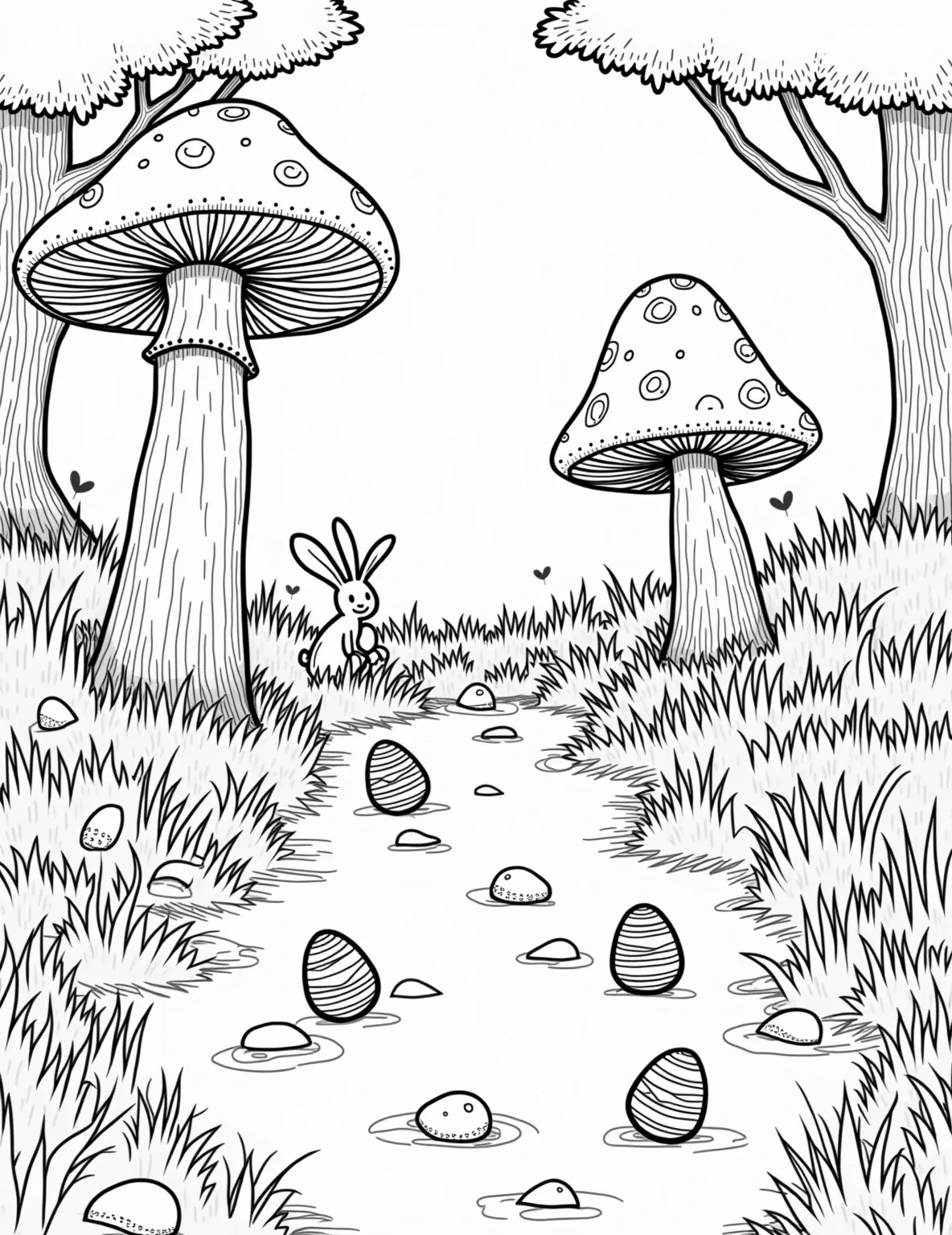 Easter Egg Hunt in the Enchanted Forest -- prompt: "black lines only Whimsical coloring page: Easter egg hunters explore enchanted forest. Giant mushrooms with swirling patterns, smiling trees with leafy mazes, helpful rabbits and squirrels guiding children. Fairy dust sparkles create connect-the-dots trails. Eggs hidden in flower petals, hollow logs, and moss-covered stones. flat black lines, premium coloring page, coloring sheet, line drawing, Coloring Book, NO COLOR, NO SHADING, WHITE BACKGROUND. NO GRAY, BLACK AND WHITE, NO COLOR" -- This magical scene depicts an Easter egg hunt taking place in a whimsical forest setting. Children dressed in Easter outfits search for hidden eggs among towering mushrooms, talking trees, and helpful woodland creatures. Fairies can be spotted sprinkling Easter magic, adding an extra layer of enchantment to the scene.