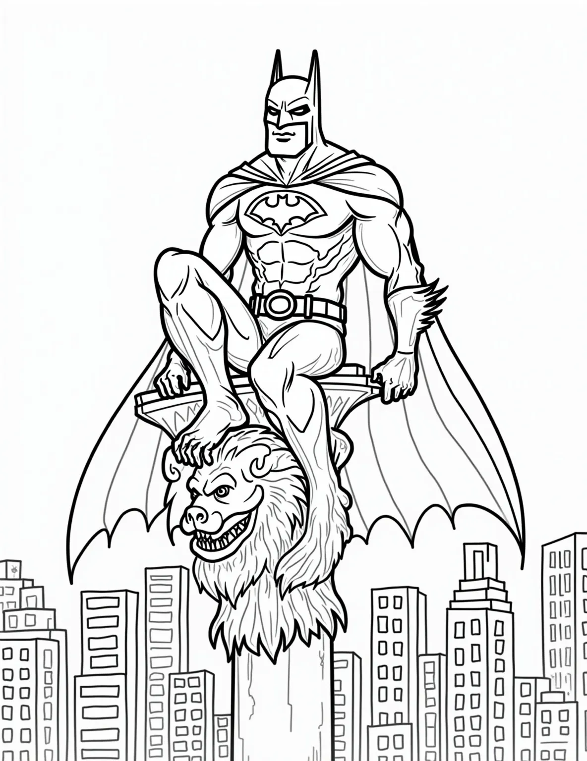 Batman: The Animated Series Style Coloring Page -- prompt: "black lines only Batman, reimagined as a bold outline sketch for a coloring book page. Perched atop a Gothic gargoyle, his cape billows dramatically. Gotham's skyline sprawls below, filled with simple, geometric shapes. Thick lines define his iconic cowl and muscular silhouette, inviting colorful creativity. flat black lines, premium coloring page, coloring sheet, line drawing, Coloring Book, NO COLOR, NO SHADING, WHITE BACKGROUND. NO GRAY, BLACK AND WHITE, NO COLOR" -- Relive the classic Batman: The Animated Series with this nostalgic coloring page. Batman is depicted in the iconic art style of the beloved 90s cartoon, offering a perfect blend of simplicity and detail. This page is ideal for fans of the animated series and those who appreciate clean, bold lines.