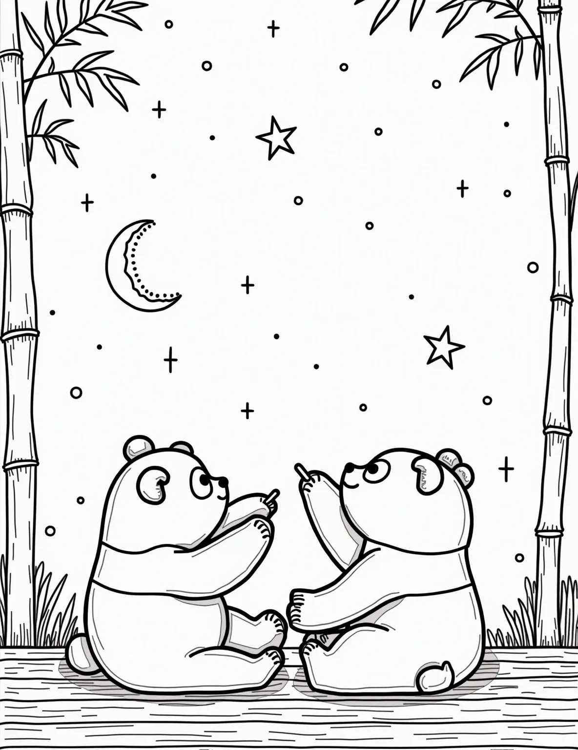 Panda's Stargazing Night Coloring Page -- prompt: "black lines only Playful panda bears sprawled on bamboo-patterned ground, gazing at star-filled sky. Thick outlines define constellations, with dotted lines connecting stars. Bamboo stalks frame scene. Pandas' paws raised, pointing at celestial patterns. Smiling crescent moon observes from corner. Simple, bold shapes perfect for coloring. flat black lines, premium coloring page, coloring sheet, line drawing, Coloring Book, NO COLOR, NO SHADING, WHITE BACKGROUND. NO GRAY, BLACK AND WHITE, NO COLOR" -- Reach for the stars with this serene coloring page of pandas enjoying a night of stargazing. The scene depicts pandas lying on their backs in a bamboo clearing, pointing at constellations in the night sky. This page allows for a deep, nighttime color palette and the addition of twinkling stars and celestial patterns.