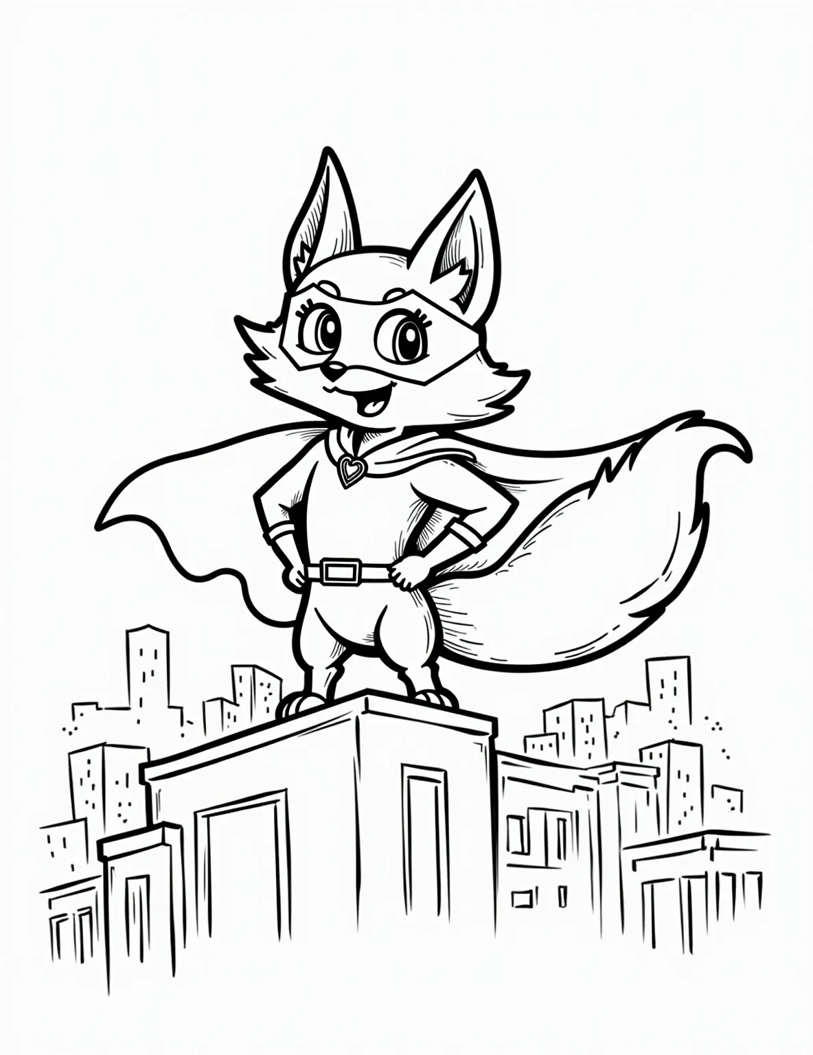 Cartoon Fox Superhero -- prompt: "black lines only Playful cartoon fox superhero, bold black outlines perfect for coloring. Cape fluttering, mask accentuating mischievous eyes. Striking heroic pose atop city skyline. Simplified shapes, thick lines. Empty spaces invite creative coloring. Cheerful, adventurous atmosphere. Inspire young artists to bring flat black lines, premium coloring page, coloring sheet, line drawing, Coloring Book, NO COLOR, NO SHADING, WHITE BACKGROUND. NO GRAY, BLACK AND WHITE, NO COLOR" -- Let imagination soar with this whimsical coloring page featuring a fox as a superhero. Complete with a cape and mask, this brave fox is ready to save the day. It's a fun twist on traditional fox illustrations that kids will love.